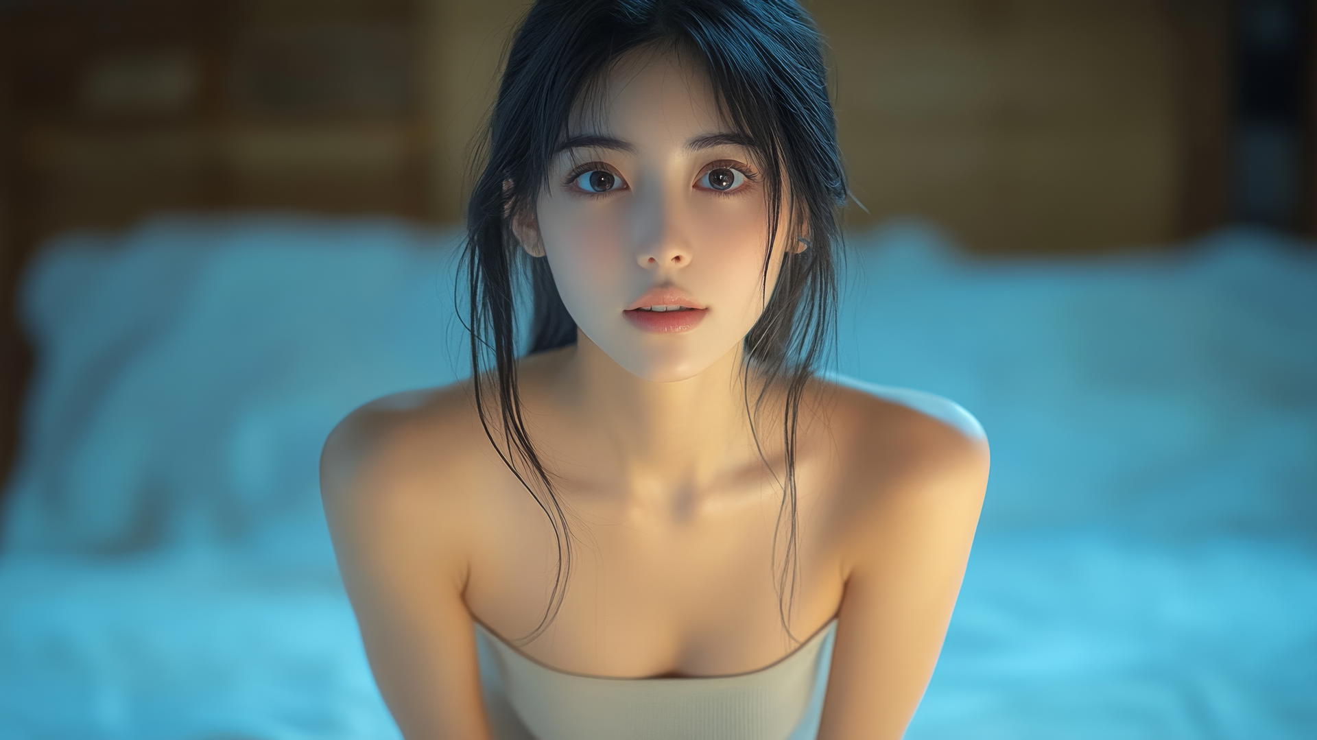 Quiet Asian girl, seen from below, kneeling, smiling, smooth pink skin, dark theme