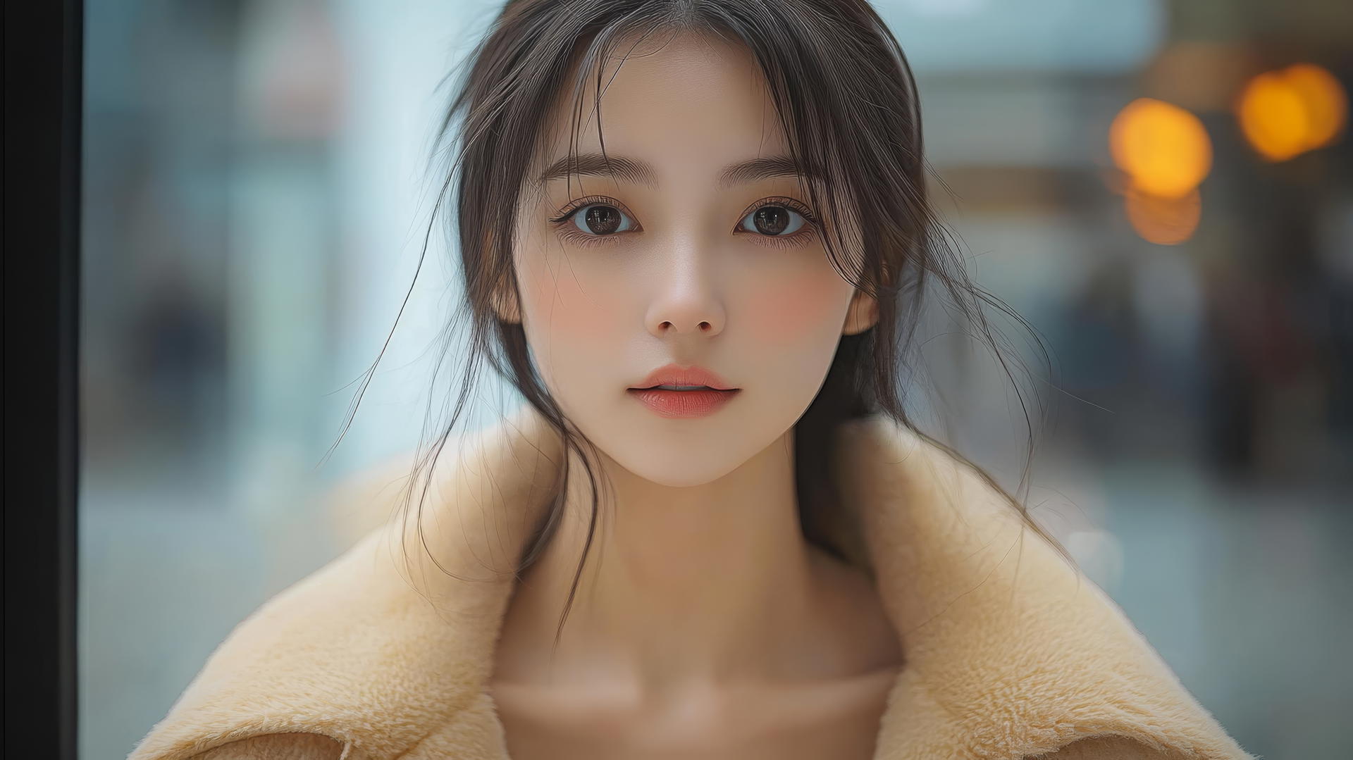 Asian girl with smooth pink skin kneeling and looking down, smiling with waist focus light