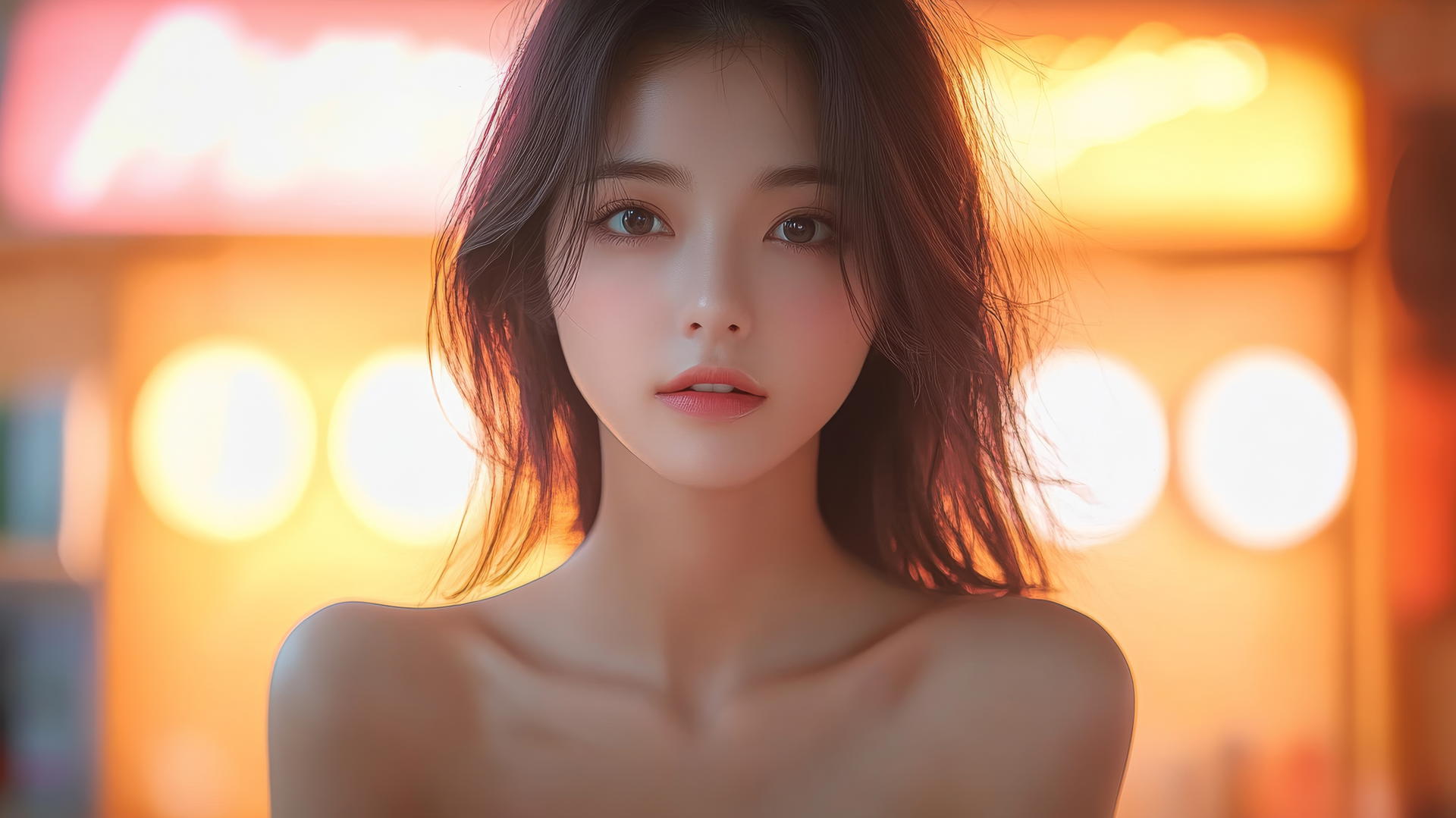 Kneeling Asian girl with smooth pink skin, seen from below, smiling