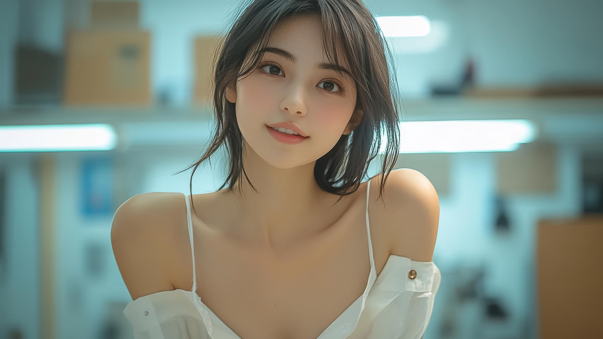 Asian girl in white shirt kneeling and looking down, smooth pink skin, legs lifted