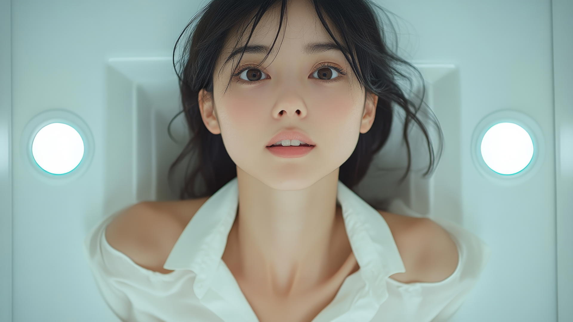 Asian girl kneeling and smiling, in white office shirt, seen from below