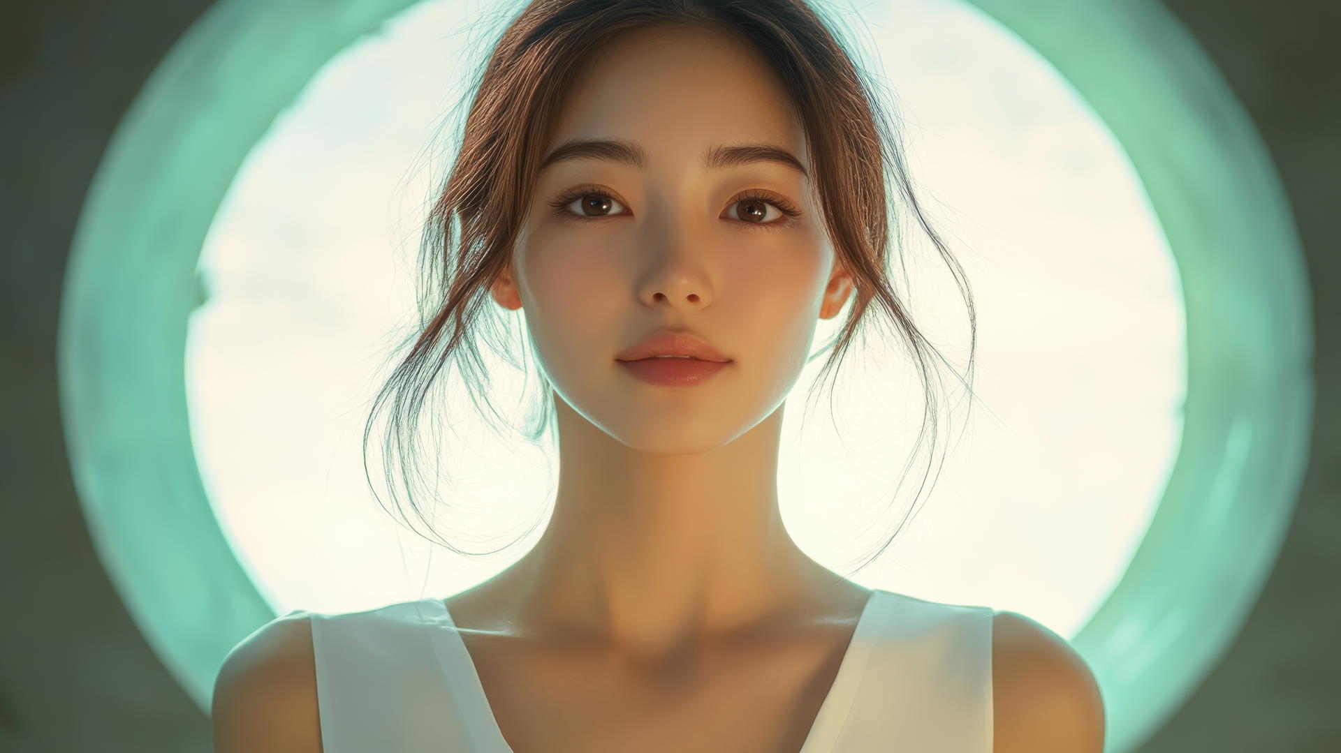 Isolated shot of a smiling Asian girl in white shirt, seen from below, with legs lifted.