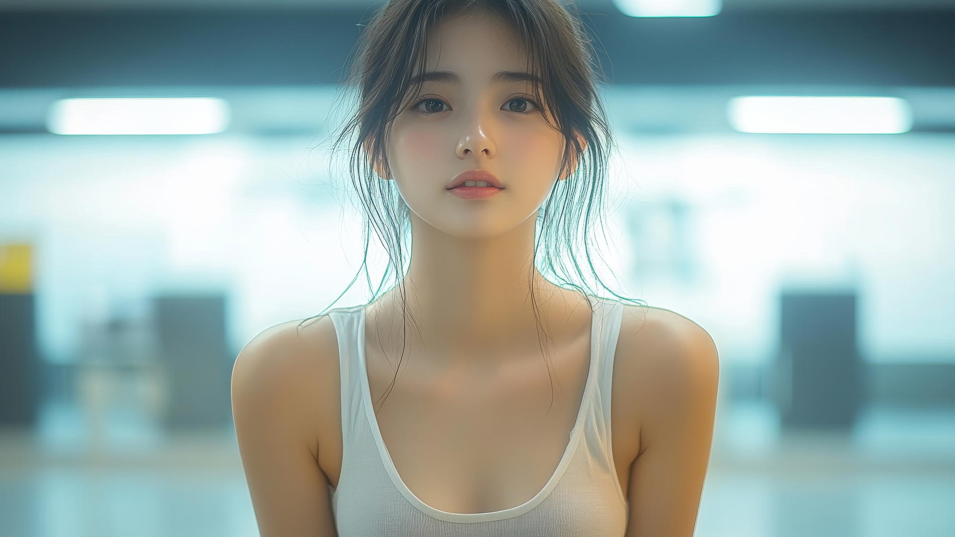 Beautiful pure and quiet Asian girl kneeling, wearing white office shirt, smiling, seen from below with ceiling as background.