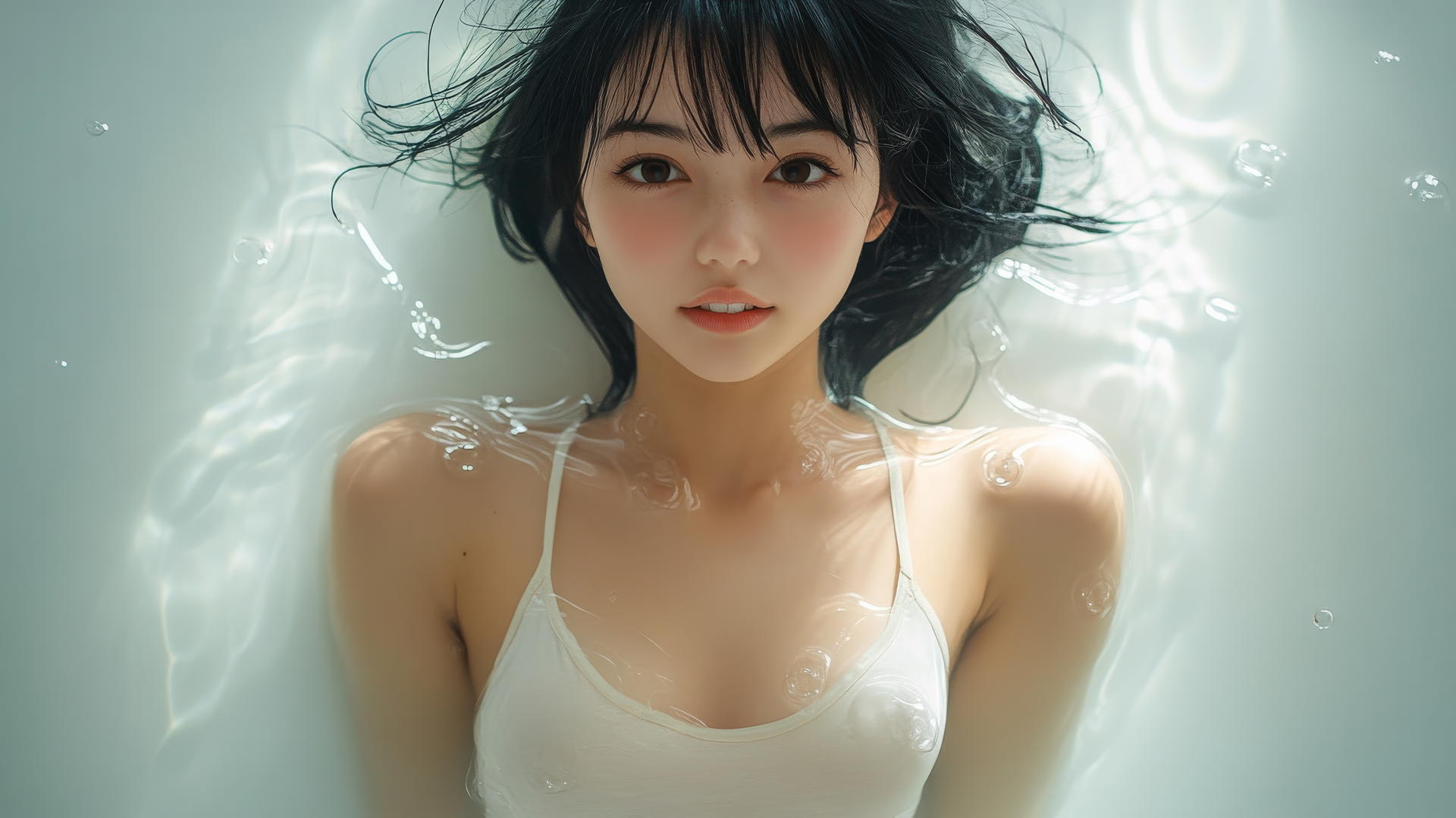 Pure and quiet Asian girl kneeling, seen from below, wearing a white office shirt, smiling