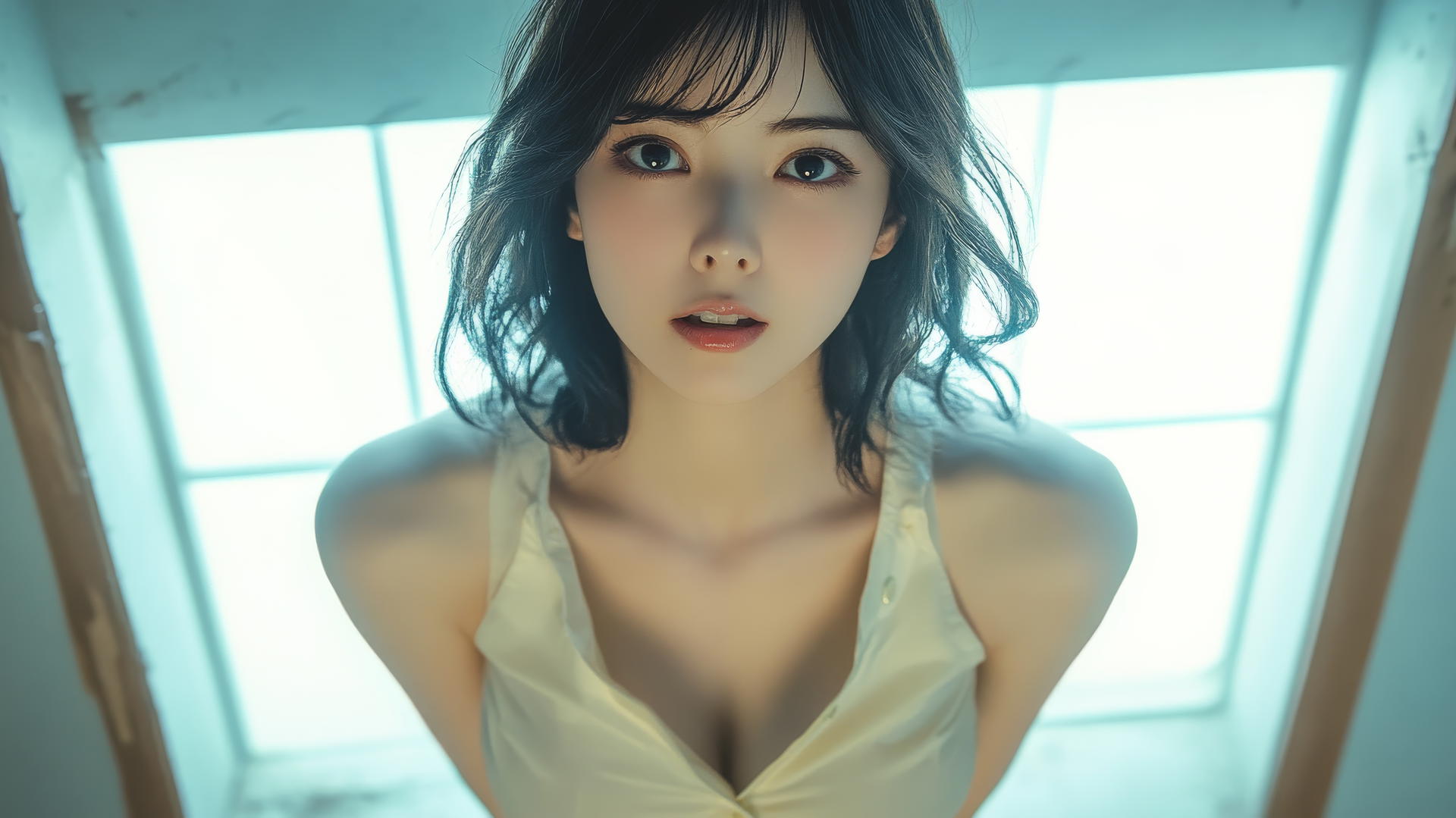 Beautiful Asian girl kneeling, looking down, wearing white shirt, legs lifted