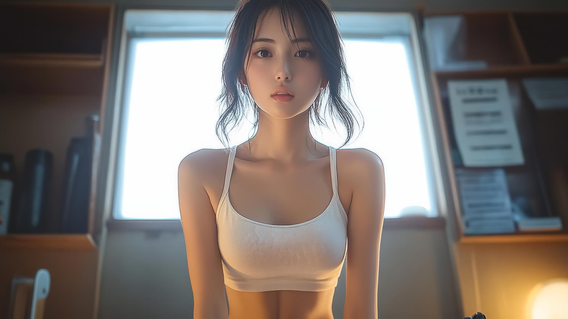 Low angle shot of an Asian girl kneeling and looking down, wearing a white T-shirt.