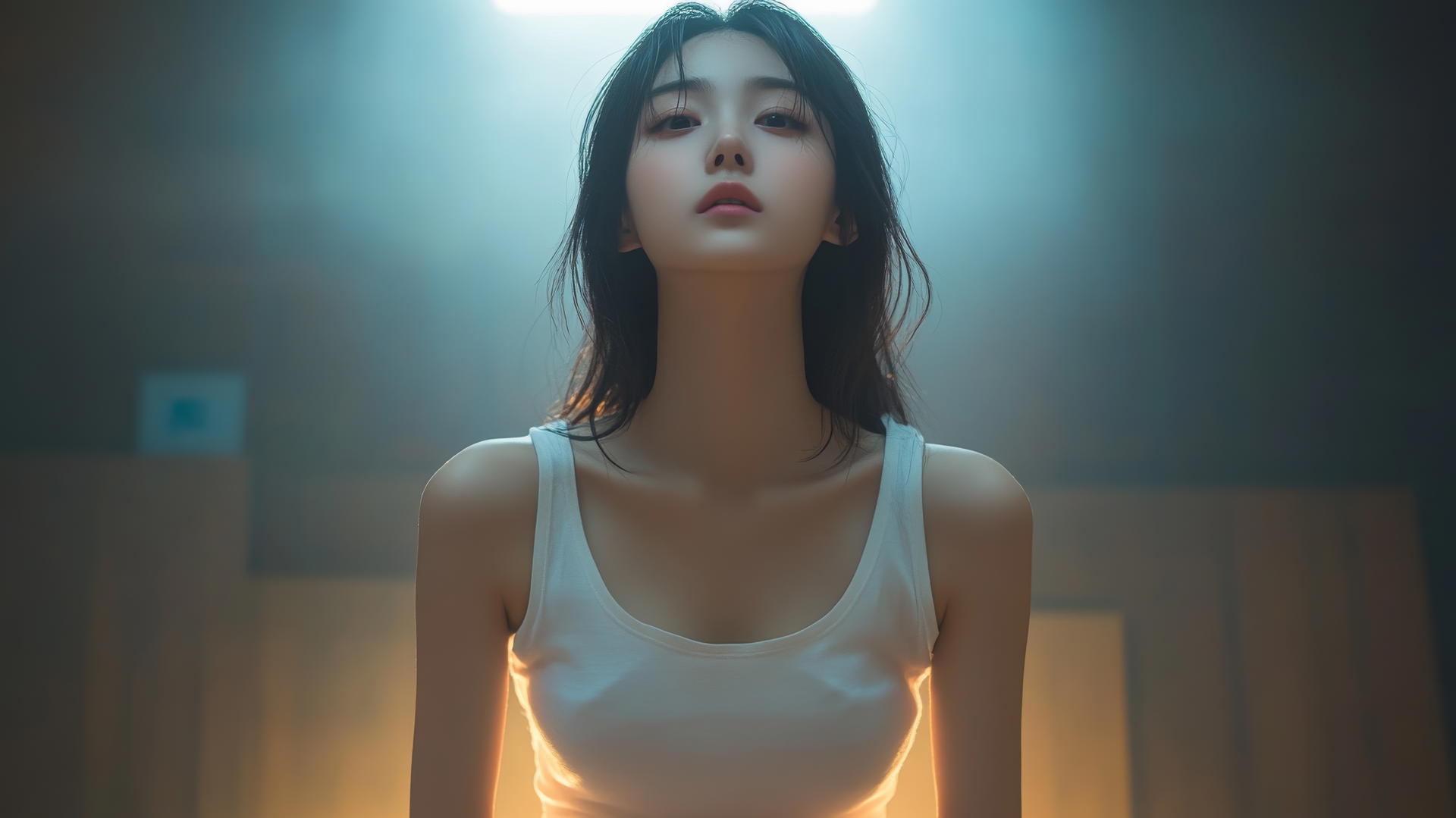 Low angle view of an Asian girl kneeling and looking down, wearing a white t-shirt.