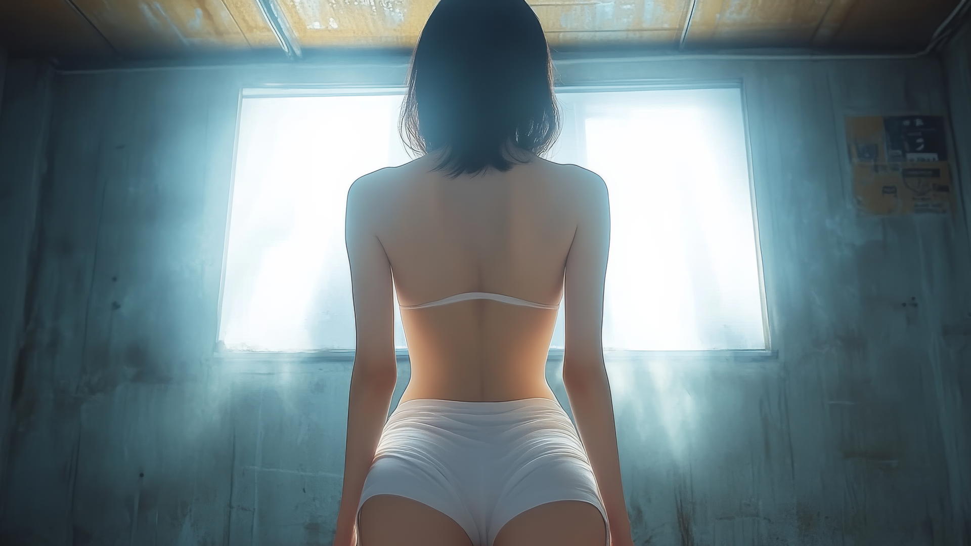 Low angle shot of quiet Asian girl in white t-shirt kneeling and looking down