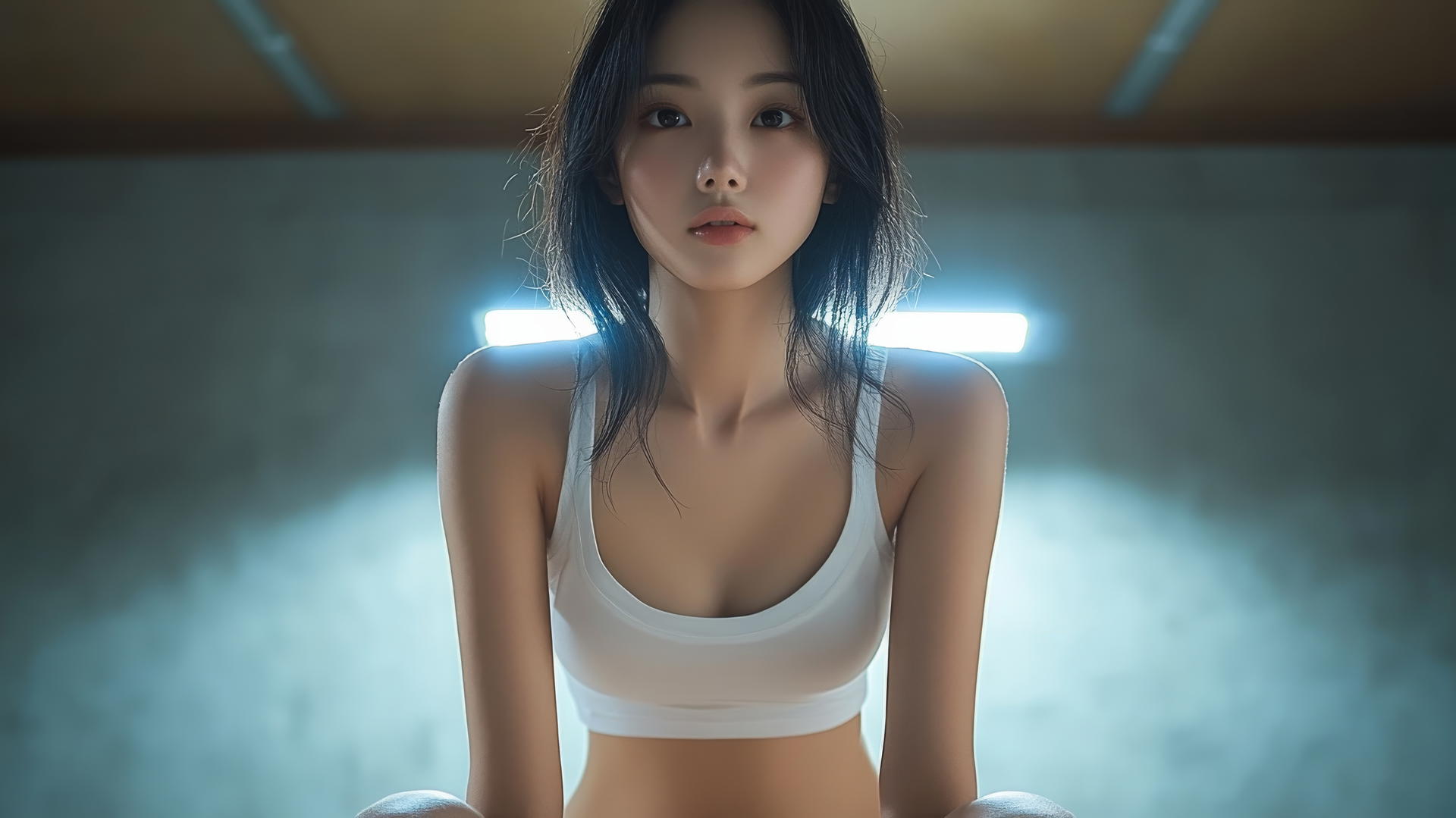 Low angle shot of an Asian girl kneeling, looking down, with a dark theme.