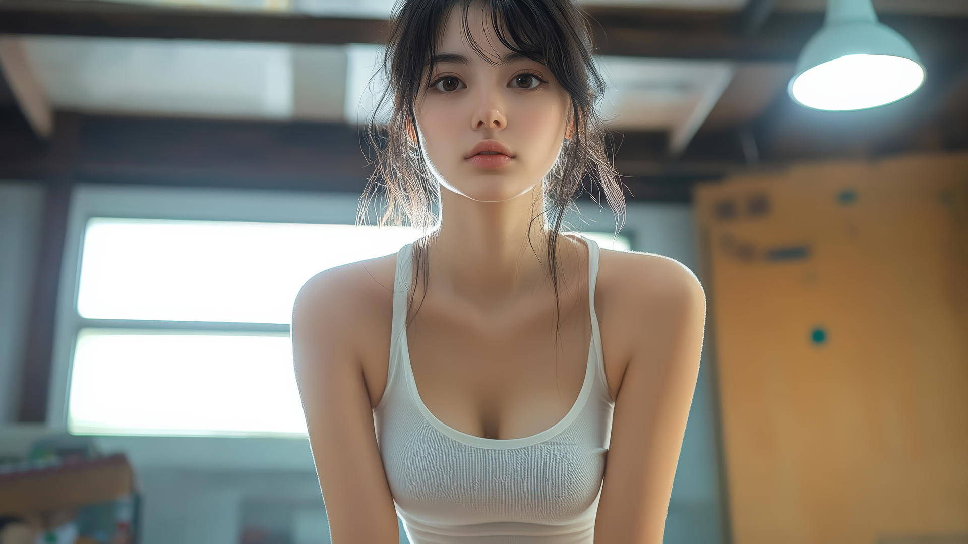 Low angle shot of an Asian girl kneeling and looking down wearing a white T-shirt.