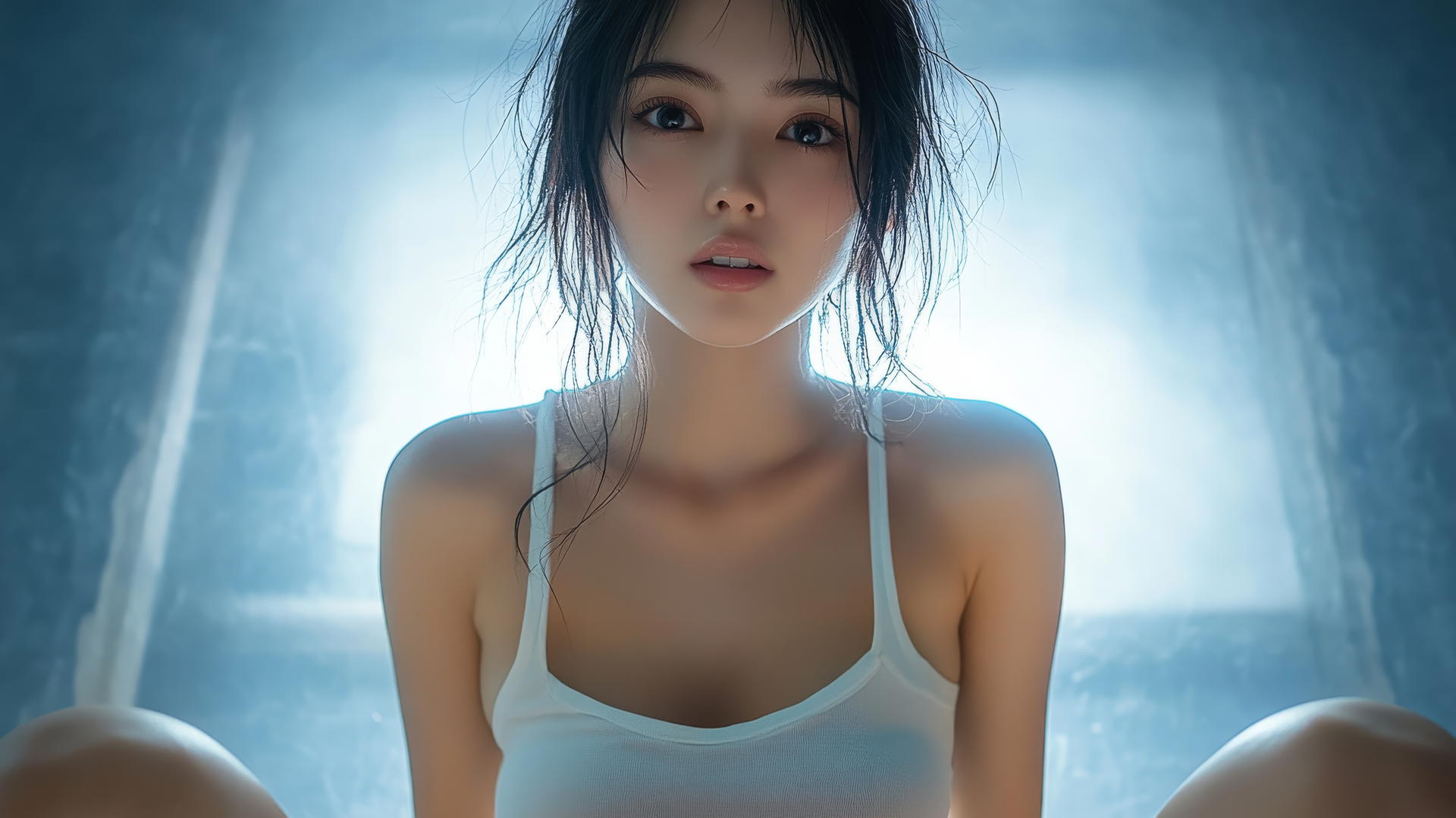Low angle view of an Asian girl kneeling and looking down, wearing a white t-shirt.