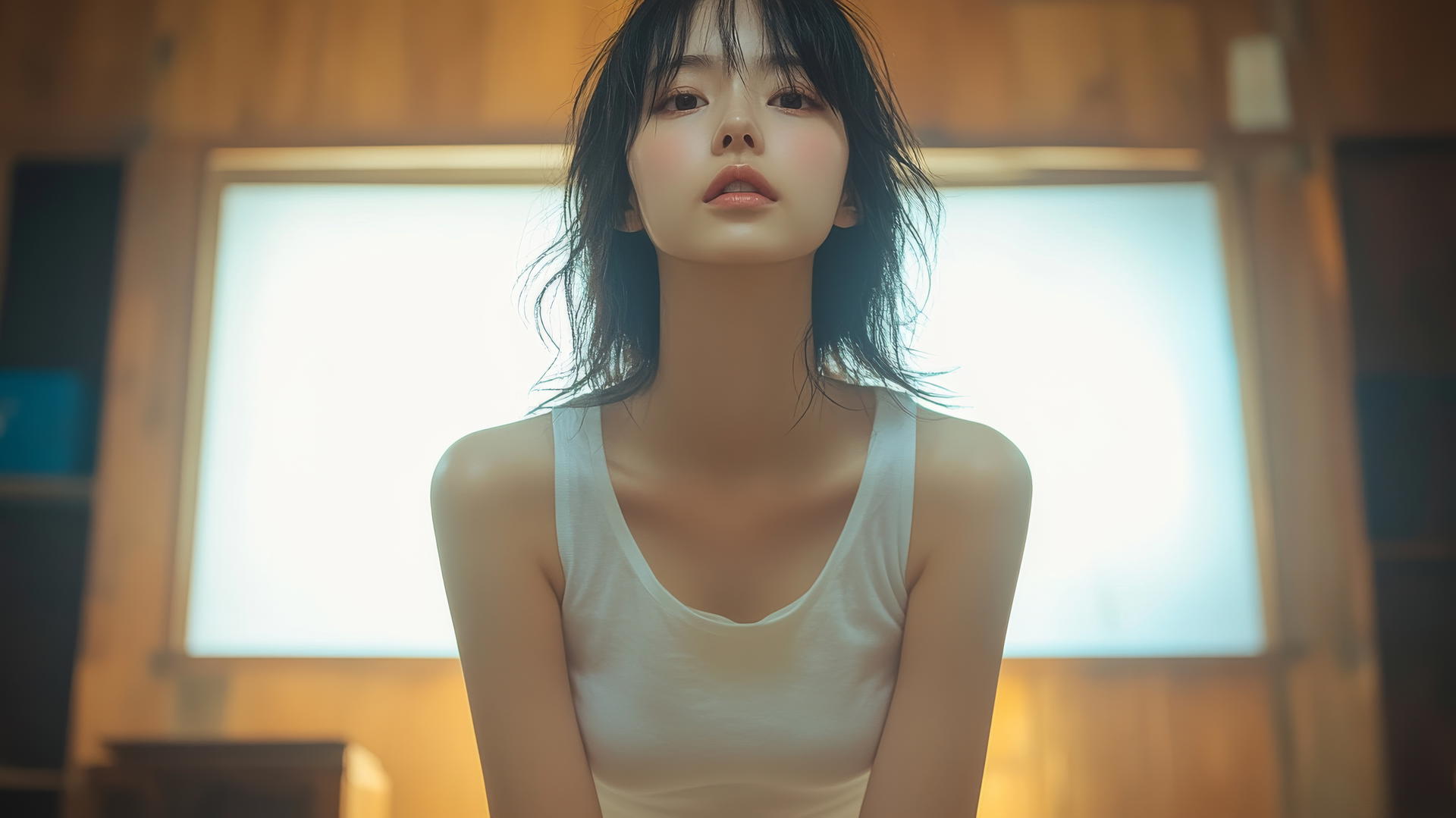 Low angle dark themed shot of an Asian girl kneeling, looking down, in white t-shirt