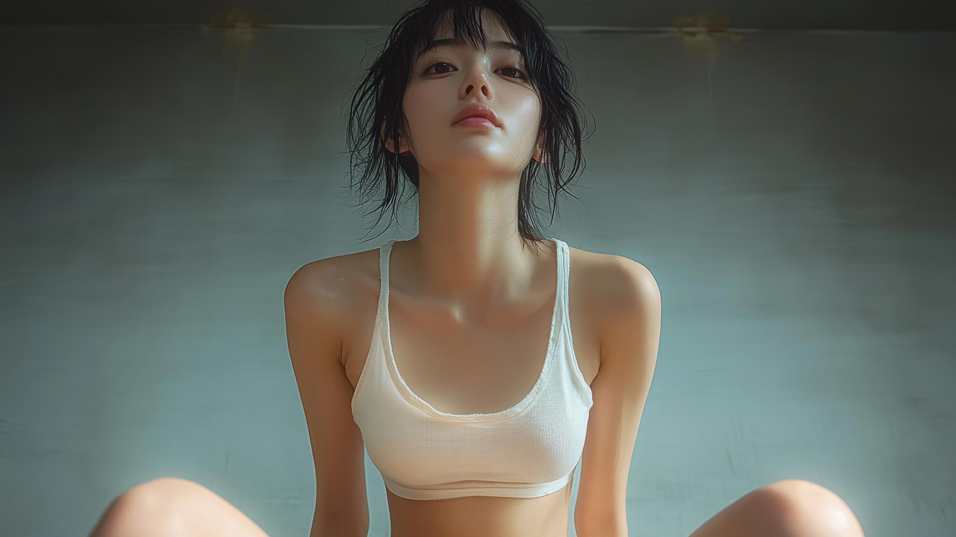 Low angle view of a kneeling Asian girl, looking down, in a white T-shirt with a ceiling background.