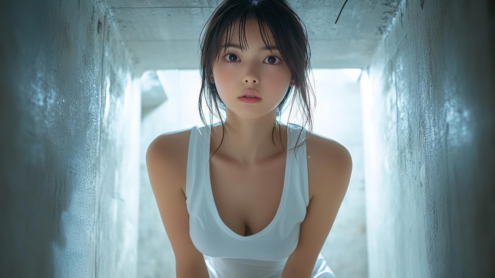 Low angle shot of quiet Asian girl kneeling, looking down, in white T-shirt, pink smooth skin.