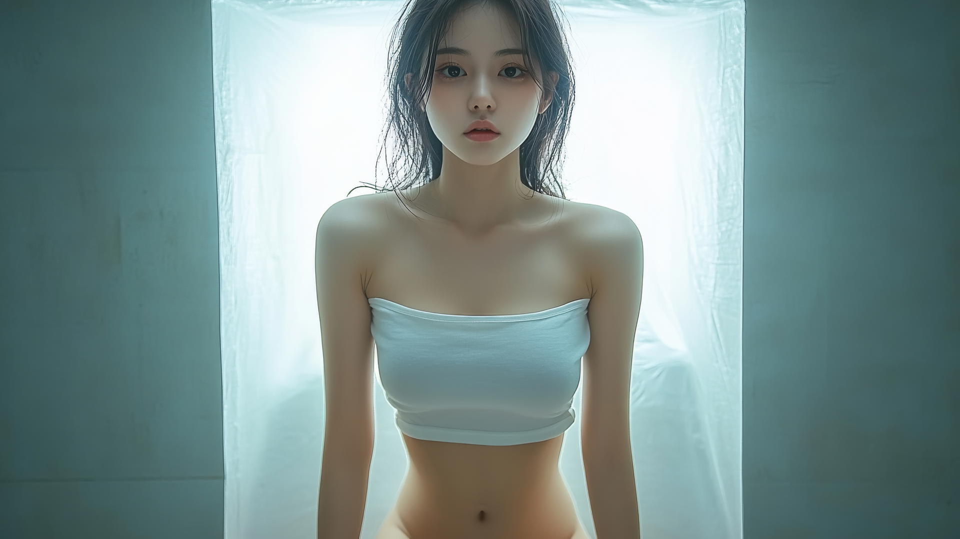 Low angle shot of a quiet Asian girl kneeling and looking down, wearing a white t-shirt