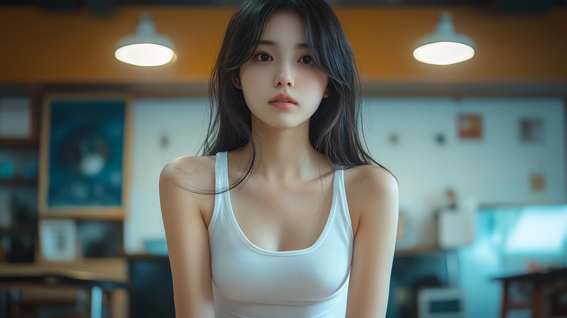 Low angle shot of a quiet Asian girl in a white T-shirt, seen from below, kneeling and looking down.