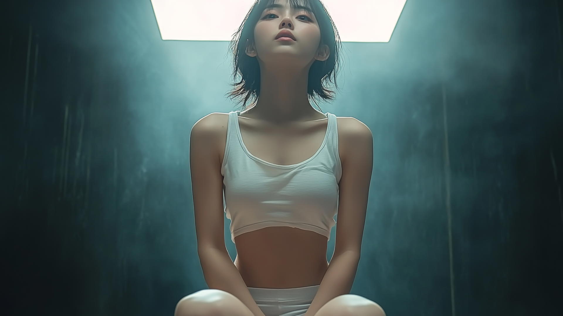 Low angle shot of a quiet Asian girl in a white t-shirt, kneeling, looking down, with a ceiling background.