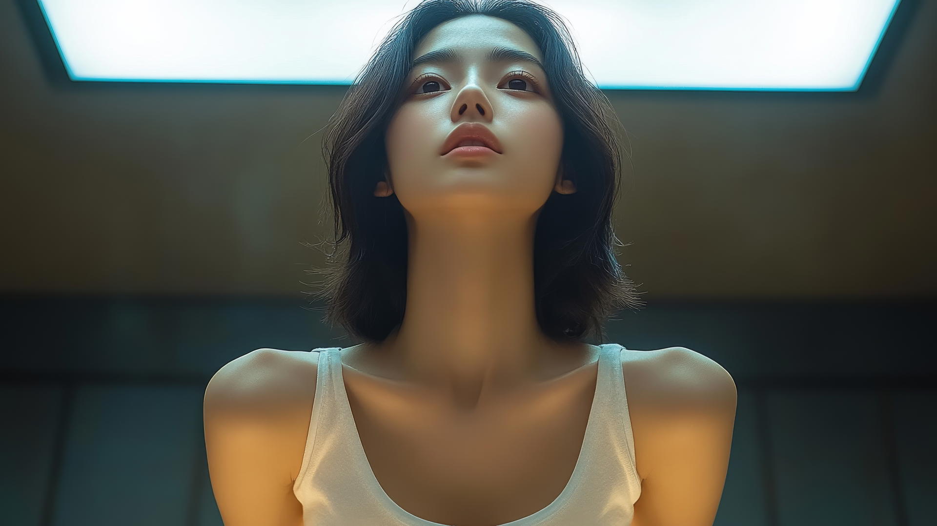 Low angle shot of an Asian girl kneeling, in a white t-shirt, with a ceiling background.