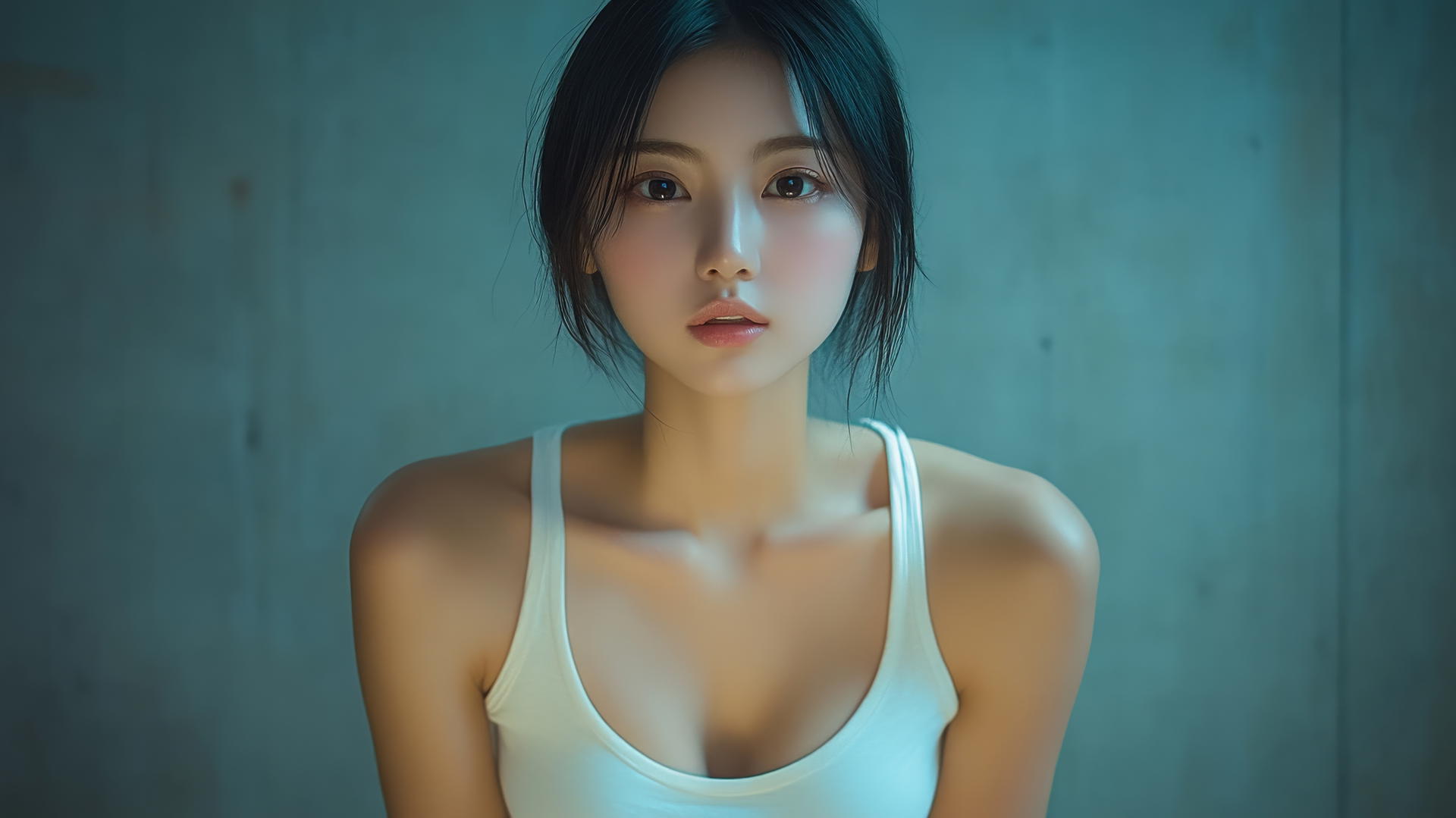 Low angle shot of an Asian girl kneeling, wearing a white t-shirt, against a ceiling background.