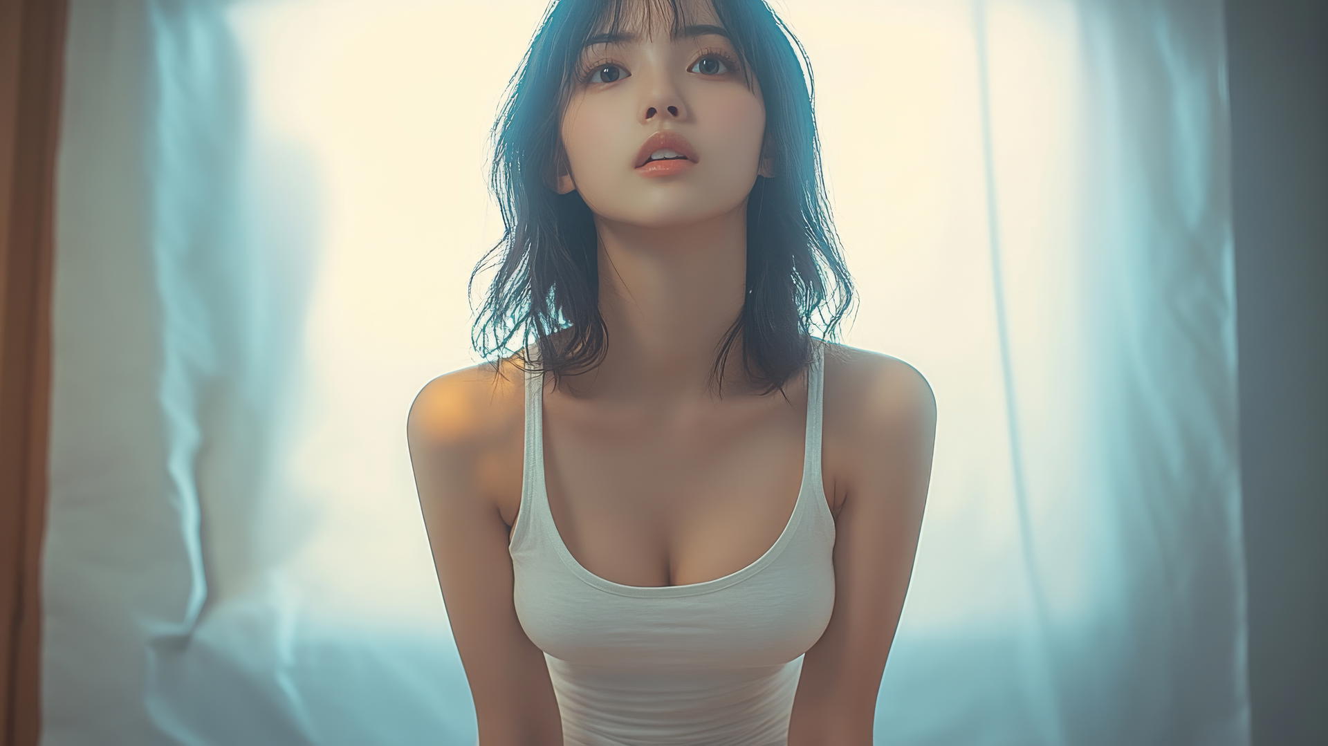 Low angle shot of an Asian girl kneeling and looking down, wearing a white t-shirt.