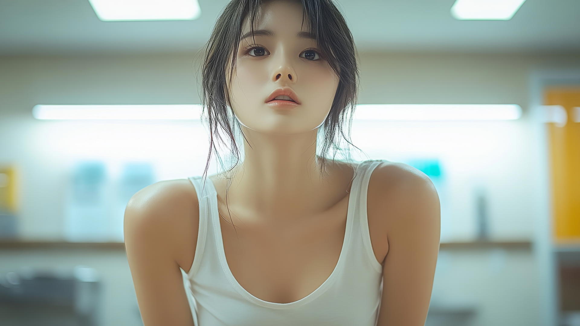 Low angle view of an Asian girl kneeling, looking down, wearing white T-shirt against a ceiling.