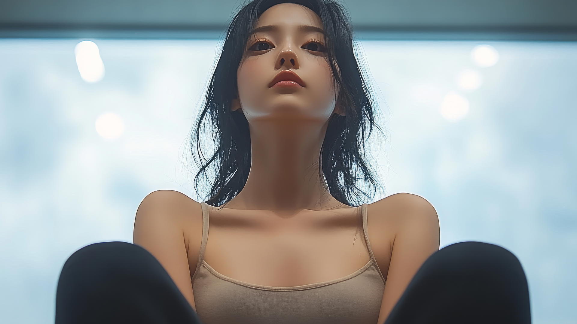 low angle view of serene Asian girl, legs crossed, looking down, smooth pink skin, ceiling visible