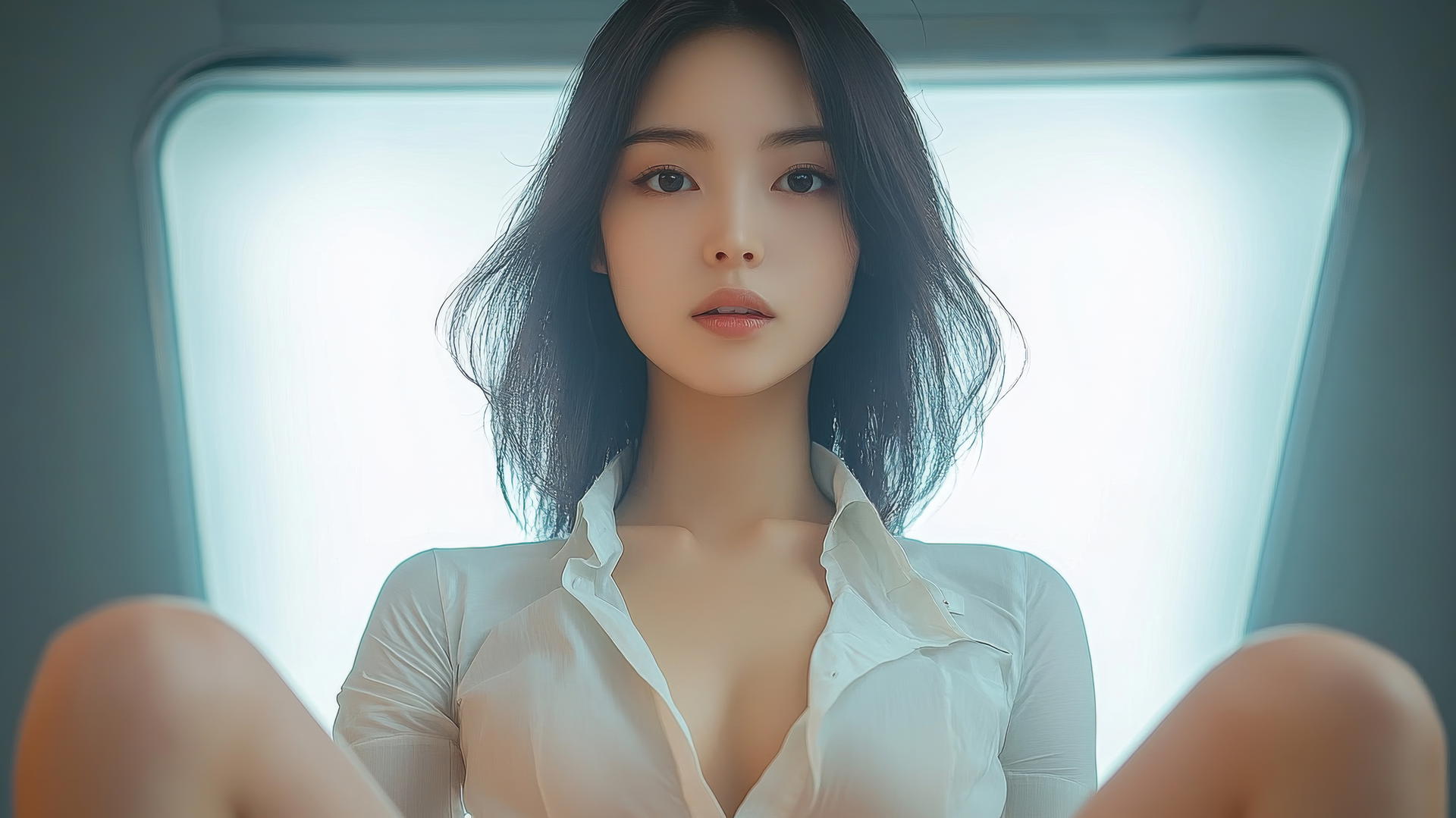 Low angle view of an Asian girl with smooth pink skin, looking down, wearing a broken office shirt, with crossed legs, against a ceiling background.