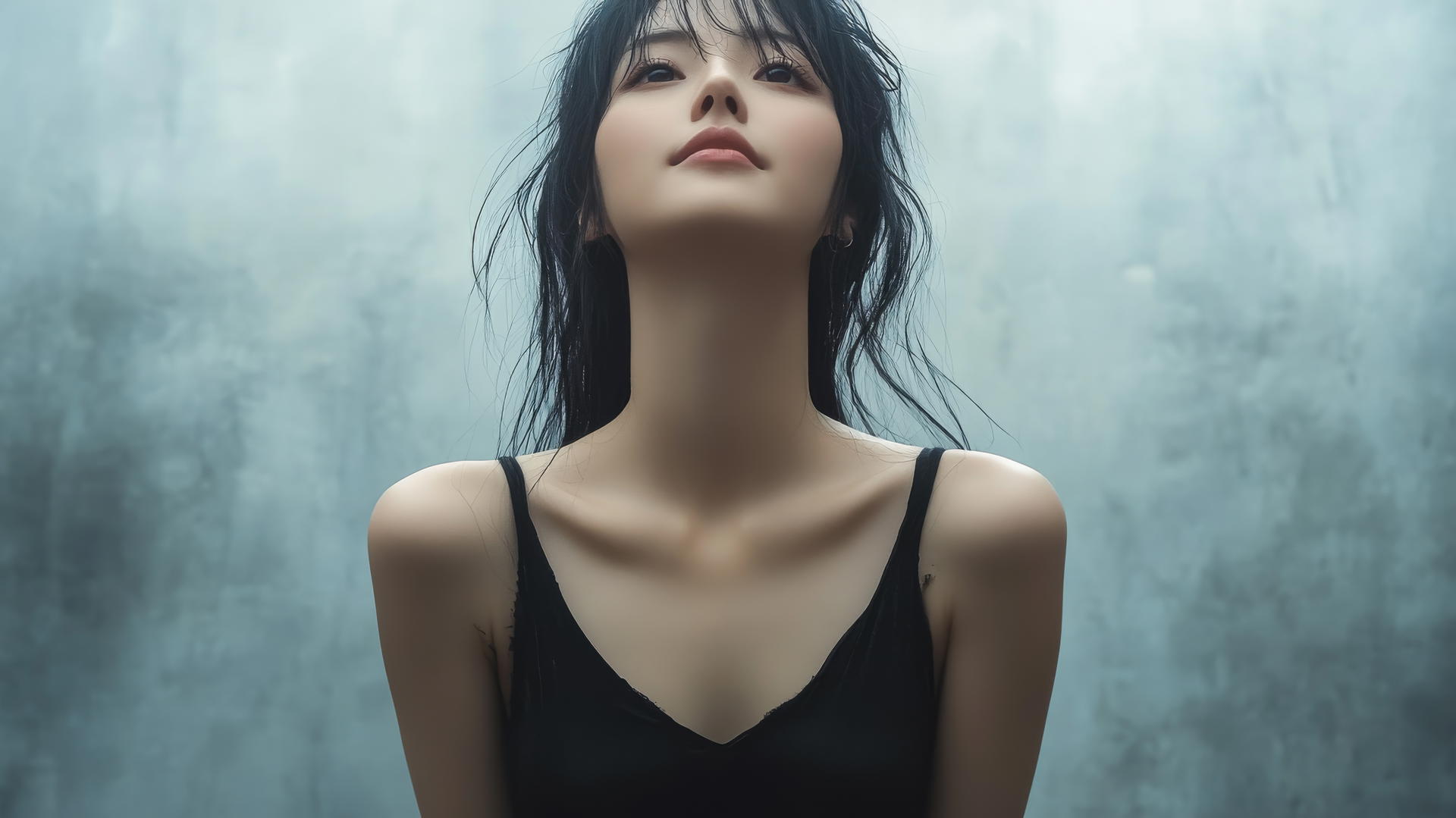 Asian fashion model kneeling, seen from below, with smooth pink skin and black socks