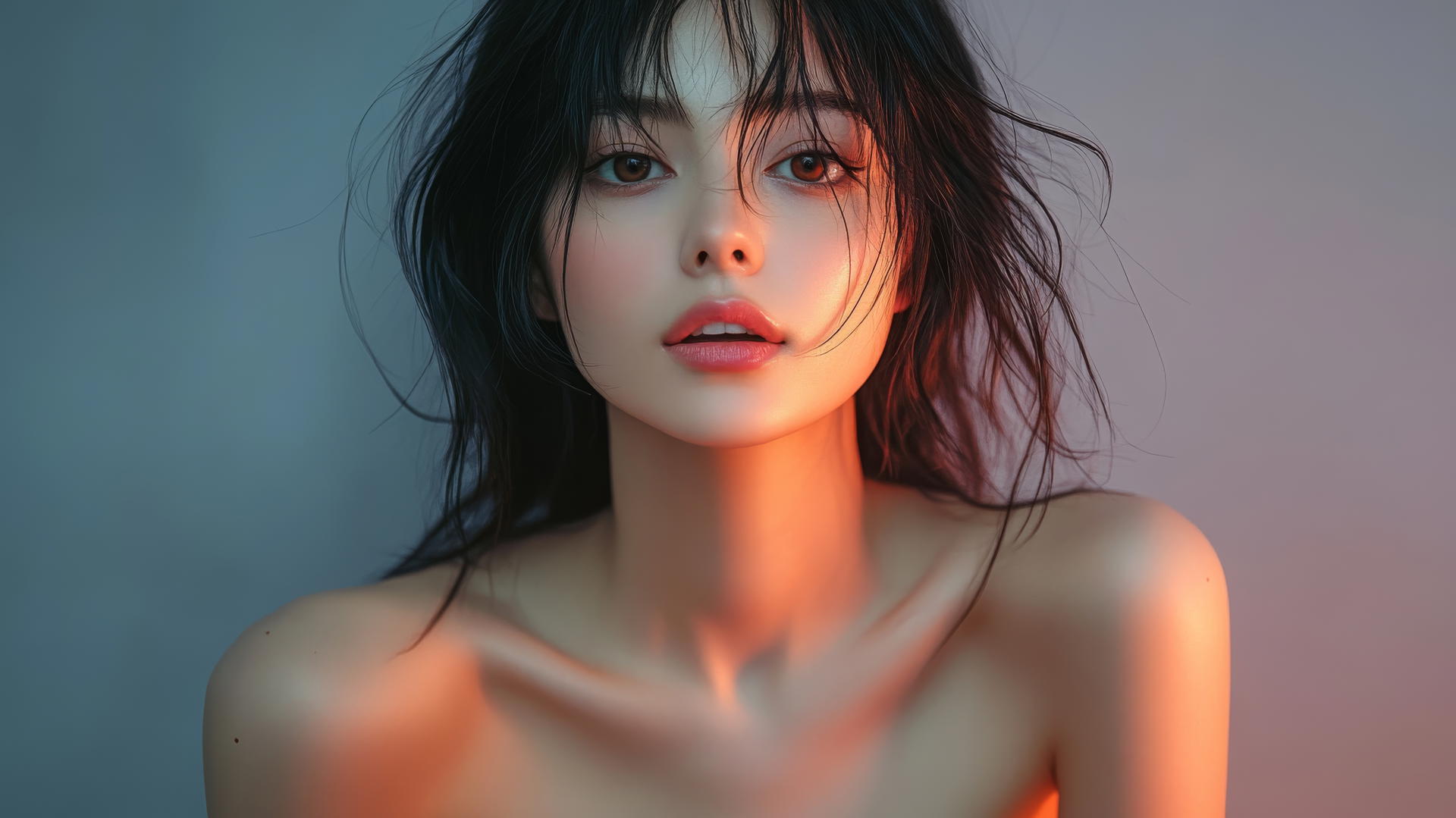 Beautiful Asian fashion model kneeling, seen from below, smiling, with smooth pink skin.