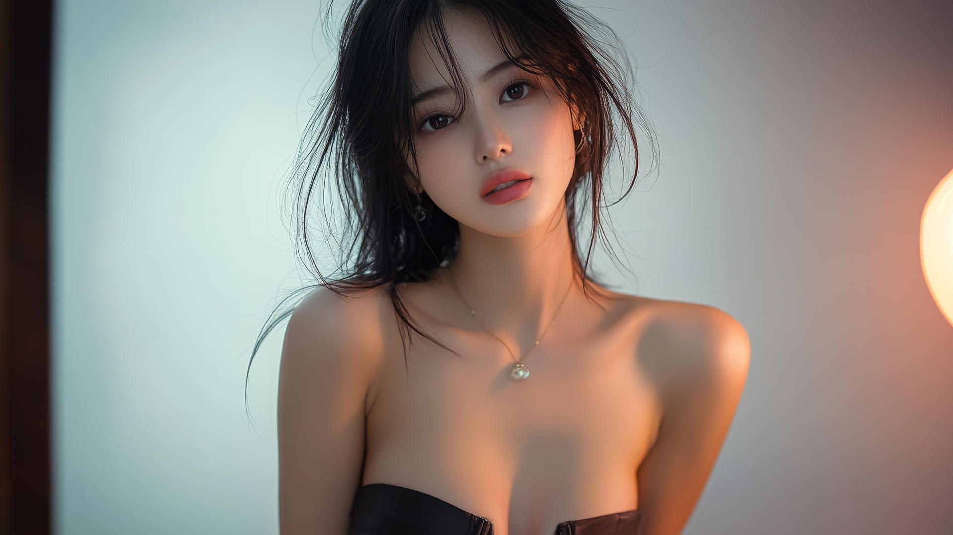Asian fashion model kneeling, looking down and smiling, light on legs, black socks