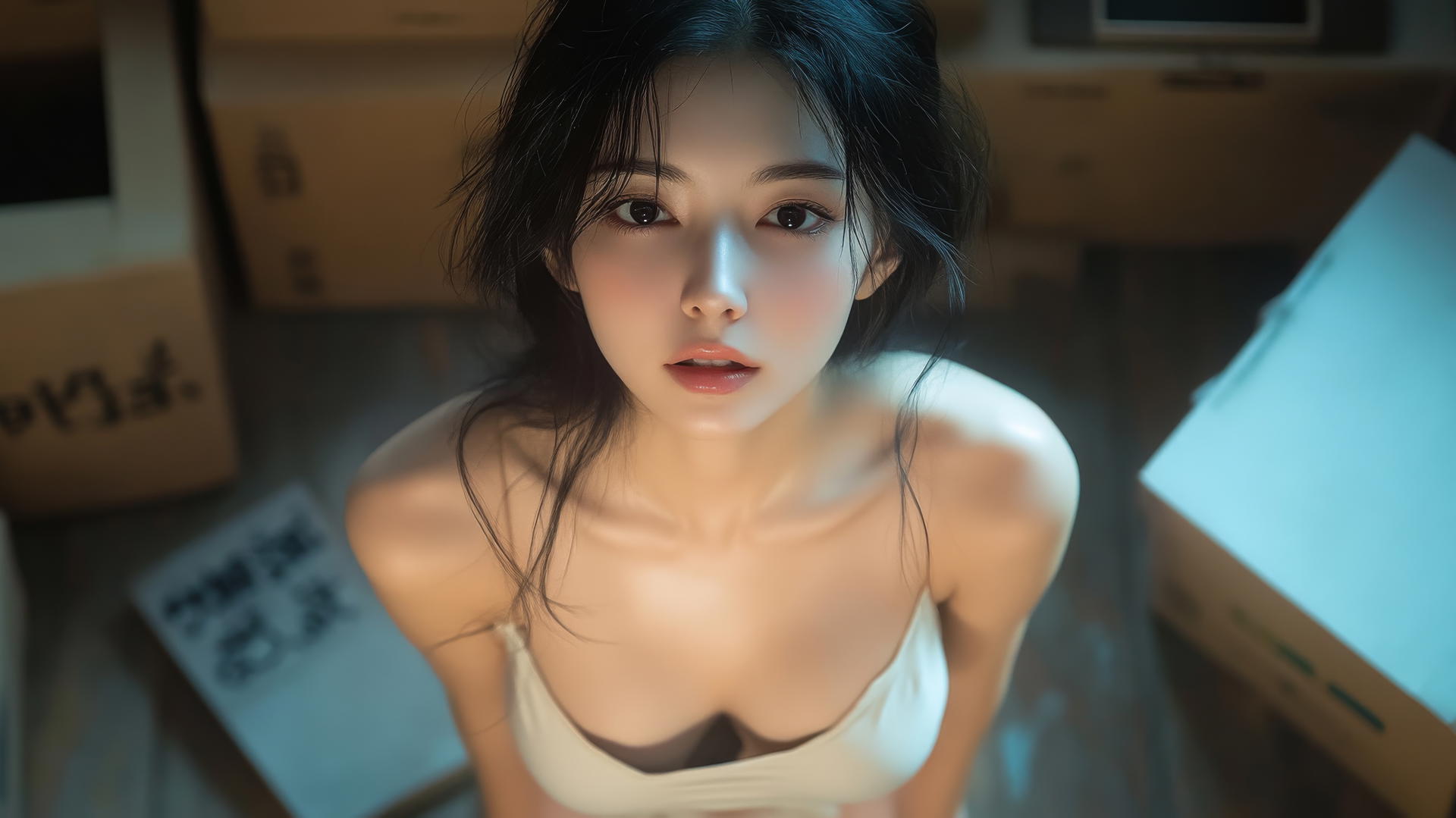 Asian fashion model, kneeling and looking down, smiling, smooth pink skin, black socks
