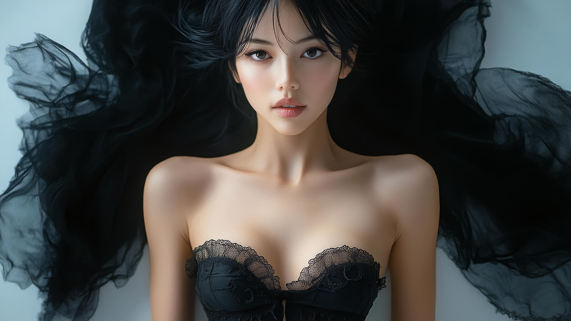 Asian fashion model kneeling, looking down with a smile, pink skin, black socks