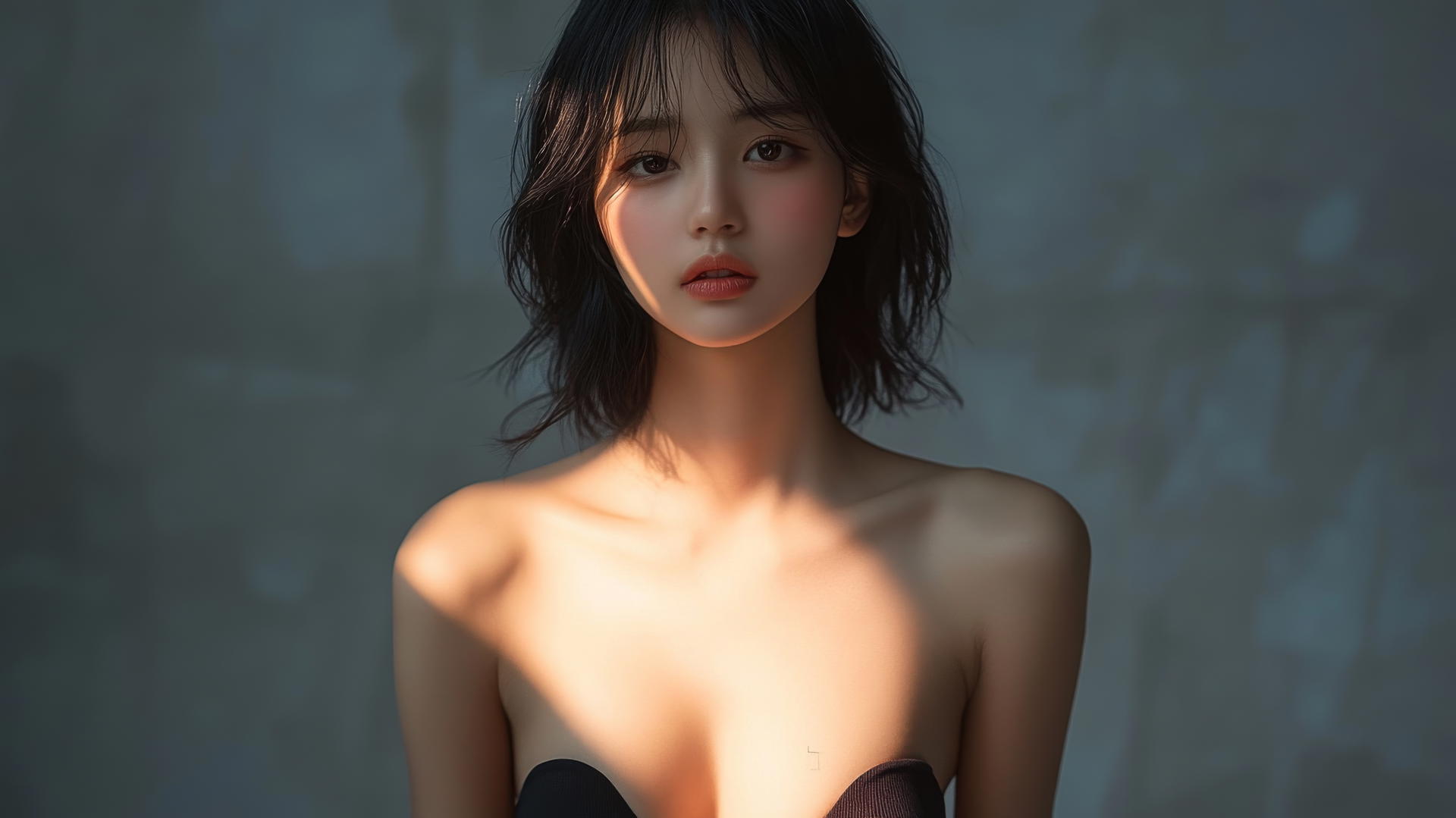 Asian fashion model kneeling, looking down, smiling