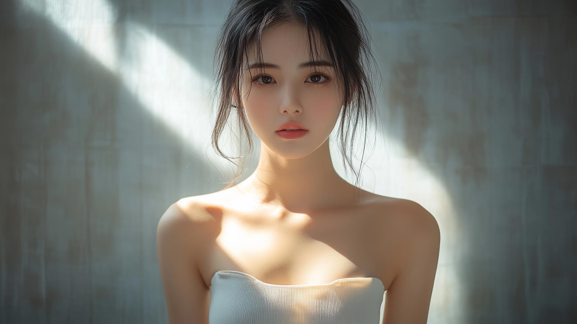 Beautiful Asian girl in white office shirt kneeling and smiling, seen from below.