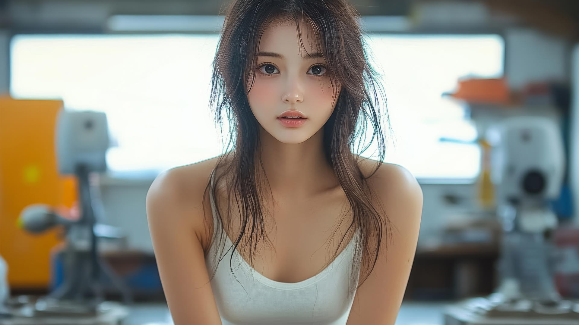 Dark theme, Asian girl in white shirt kneeling, smiling with pink skin.