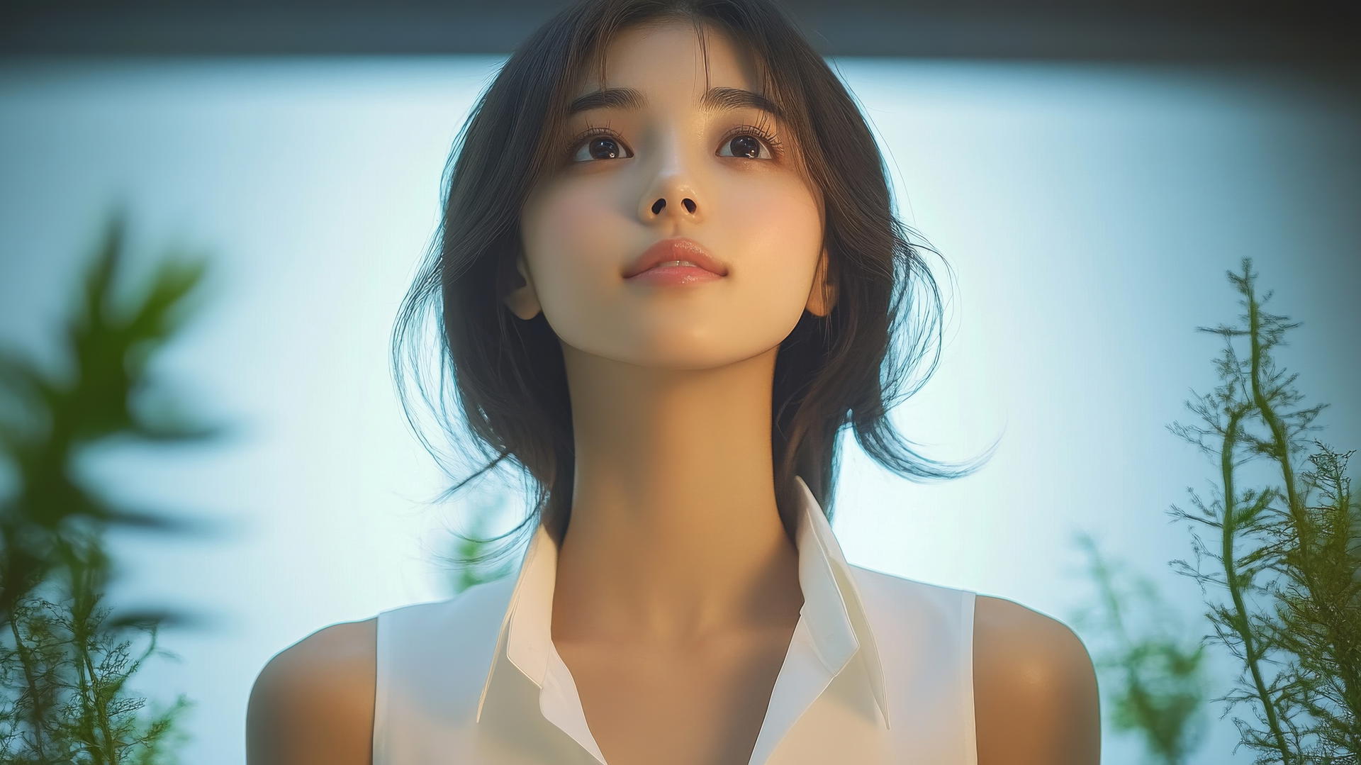 Beautiful Asian girl in white shirt kneeling and smiling, viewed from below