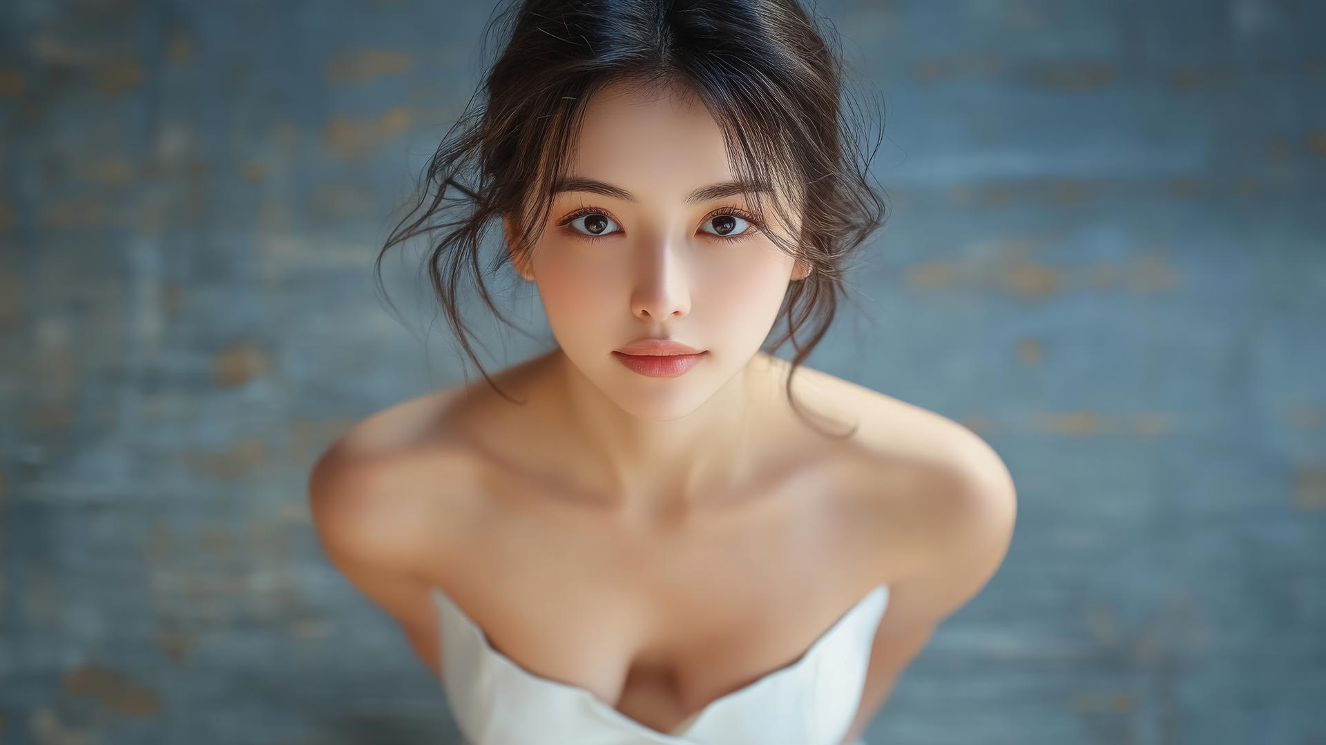 Asian girl in white shirt kneeling and smiling, seen from below