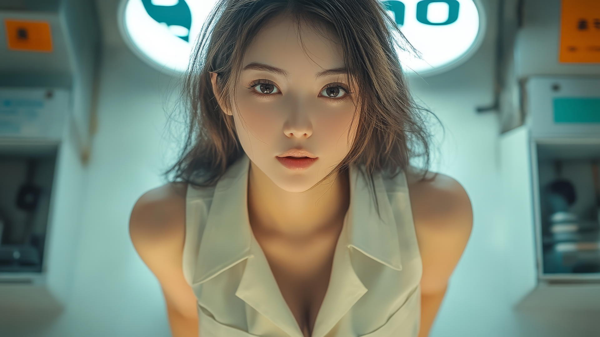 Asian girl in white office shirt kneeling, looking down and smiling, black socks