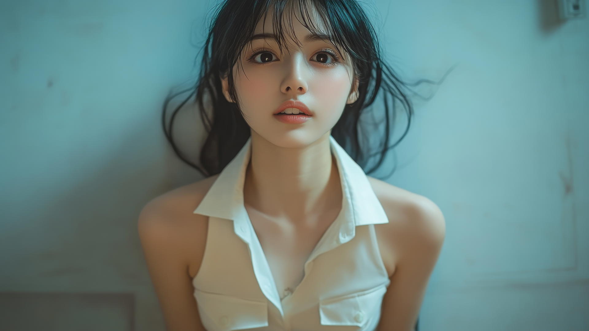 Asian girl in white office shirt, kneeling and looking down, smiling, smooth pink skin, light on legs, black socks