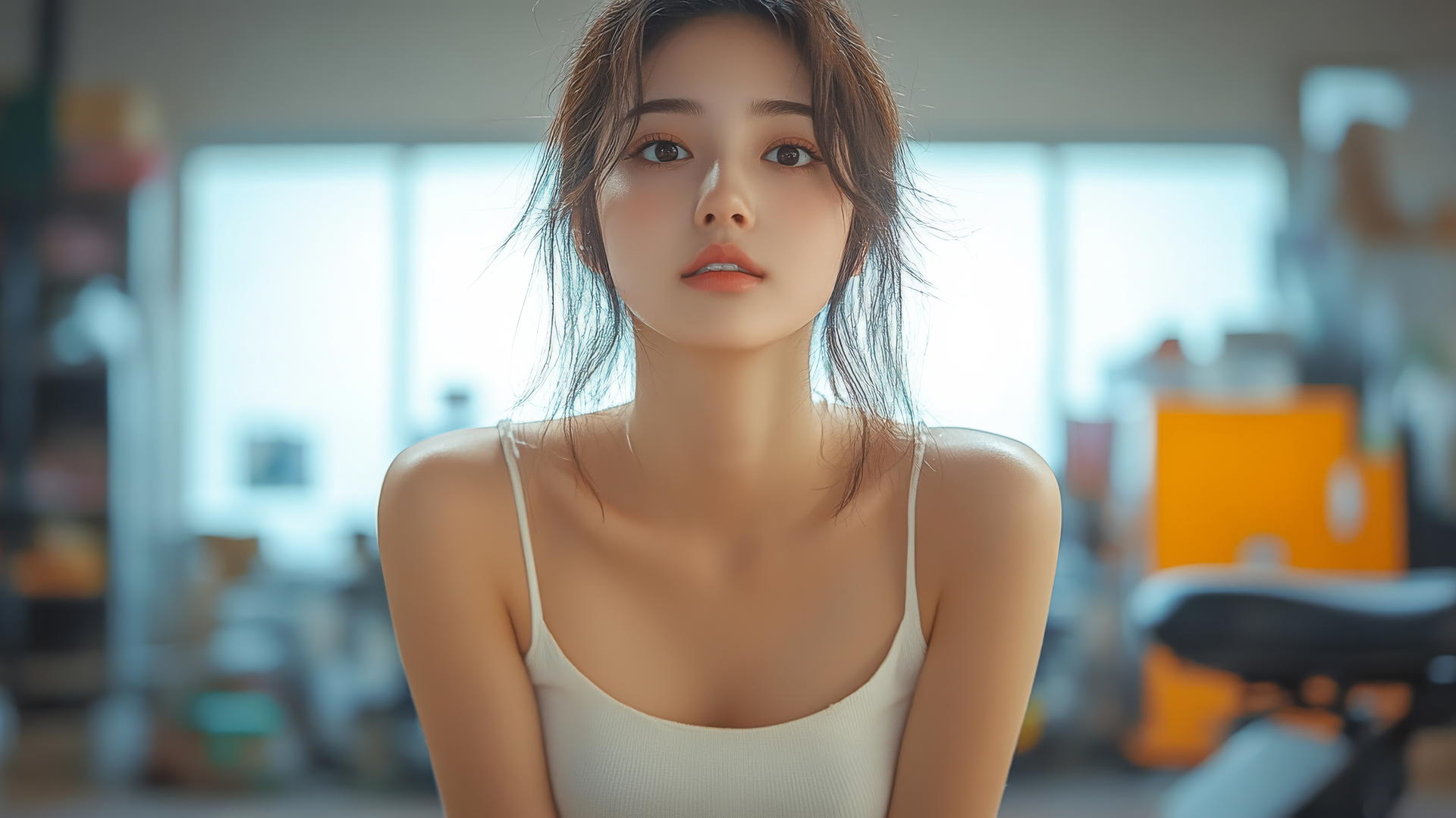 Asian girl in white office shirt, kneeling, looking down, smiling, black socks