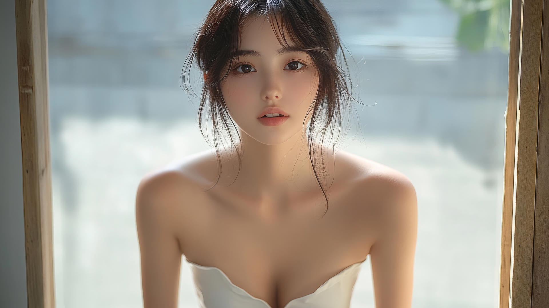 Isolated shot of beautiful Asian girl in white shirt, kneeling, smiling, and looking down