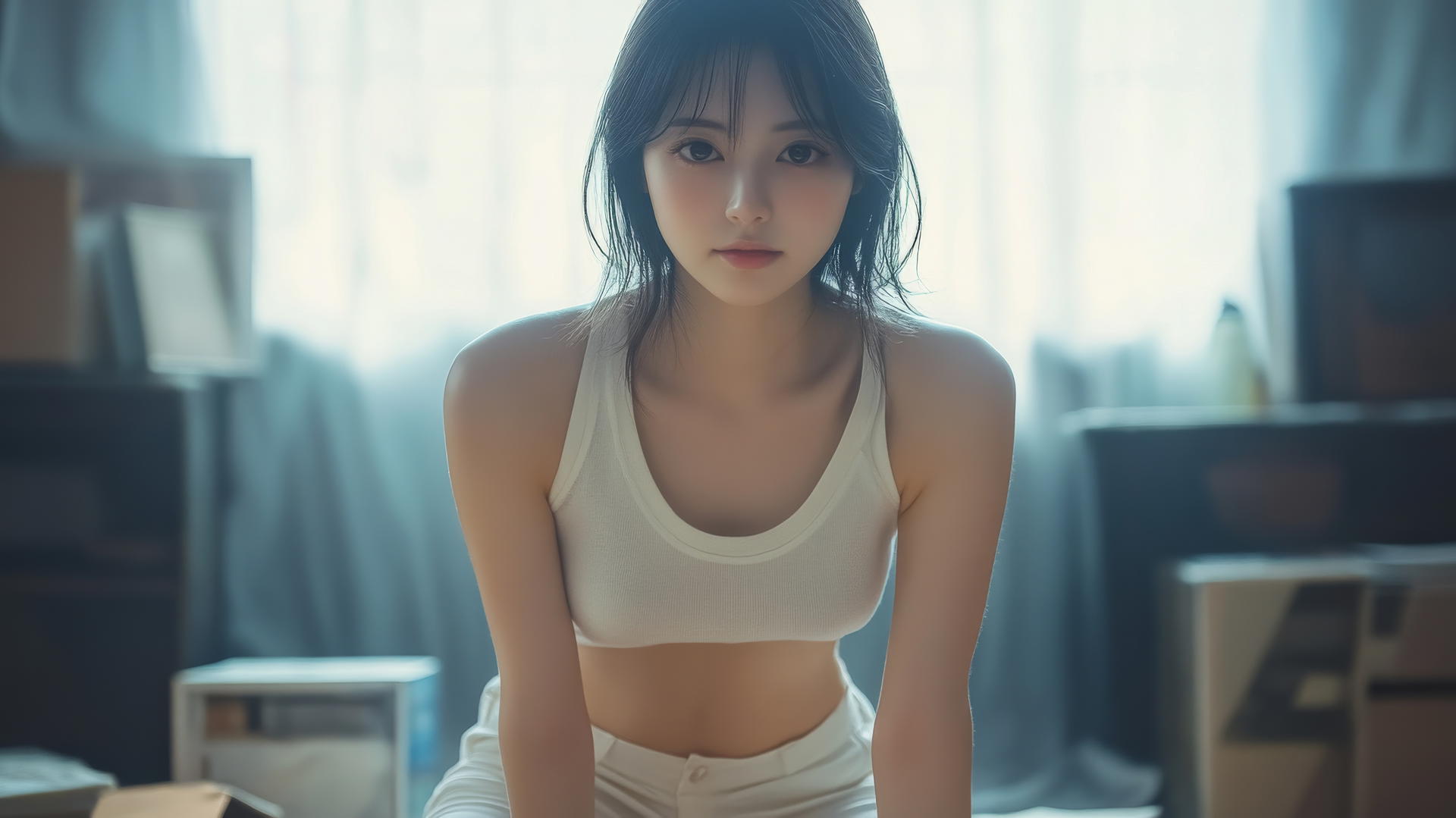 Asian girl in white office shirt kneeling and smiling, seen from below with light on legs