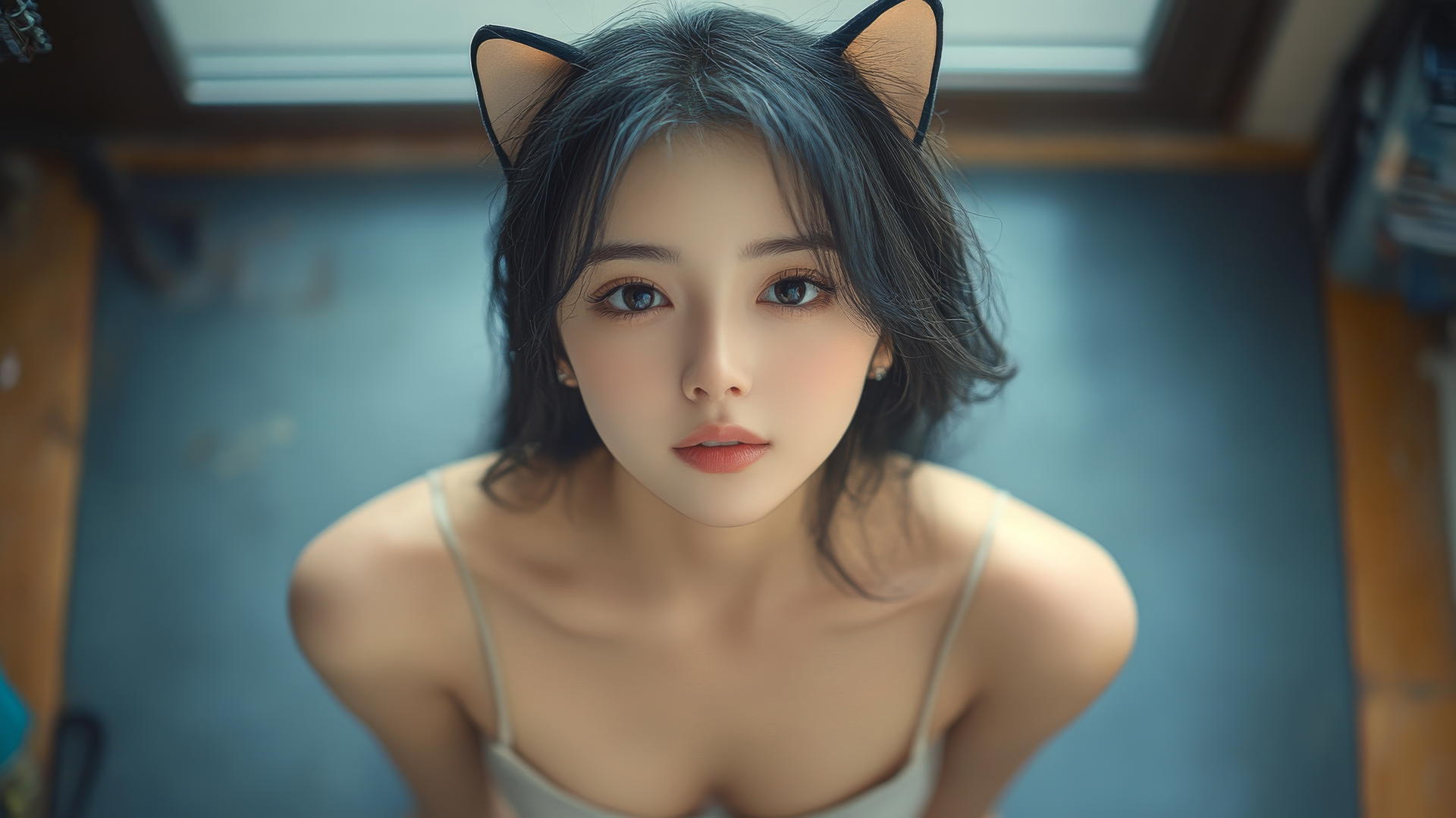 Asian girl with cat ears kneels, smiles downwards, smooth pink skin, light on legs.
