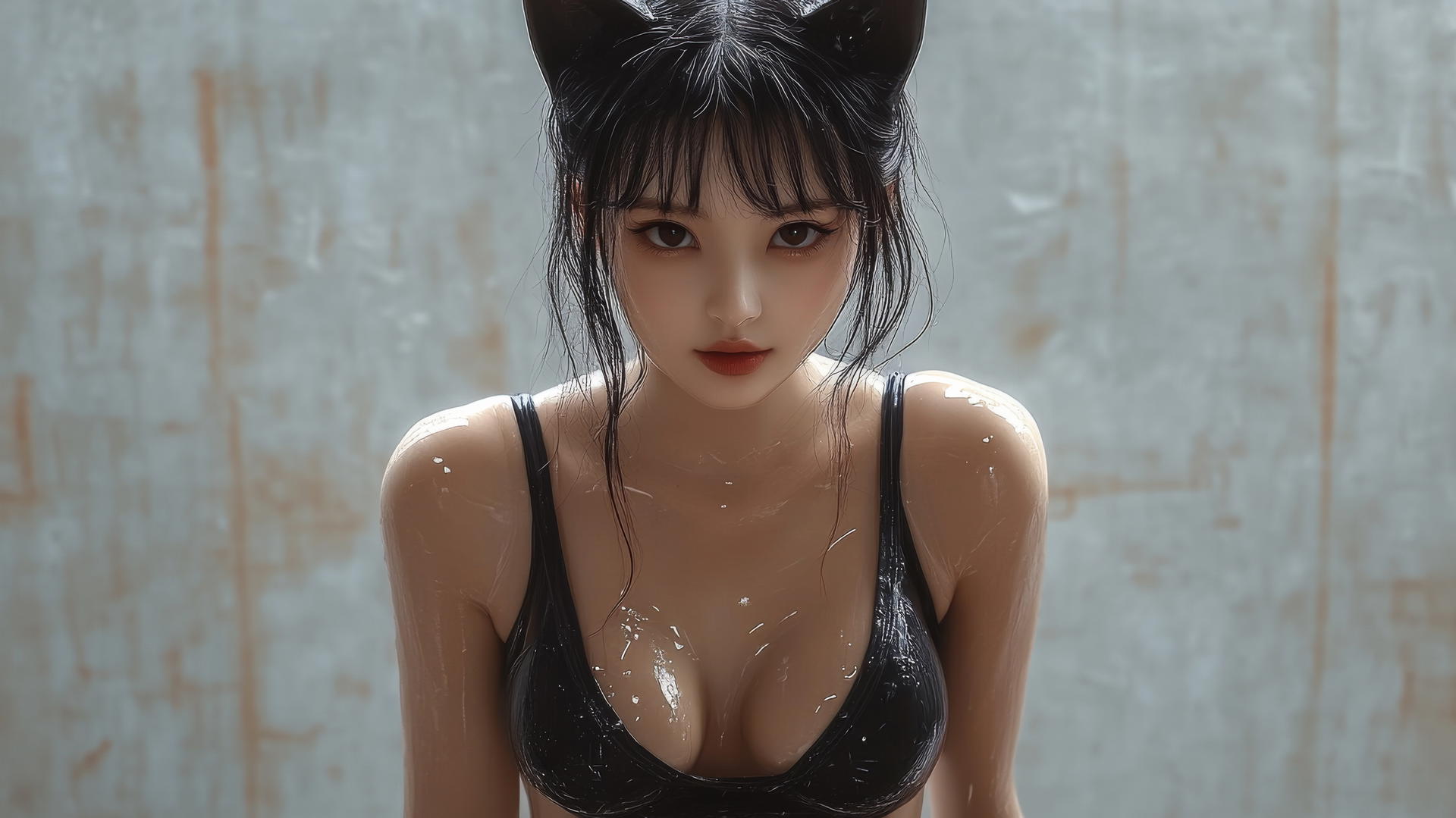Smiling Asian girl with cat ears, seen from below, smooth pink skin, light on legs