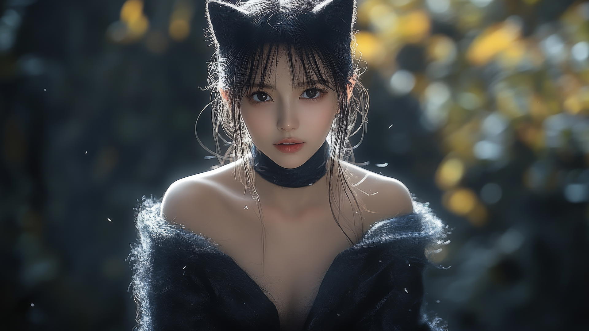 Asian girl with cat ears kneeling, seen from below, and smiling