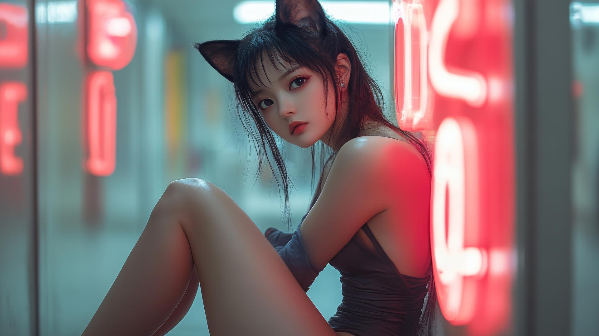 Asian girl with cat ears, crossed legs, high heels, side view.