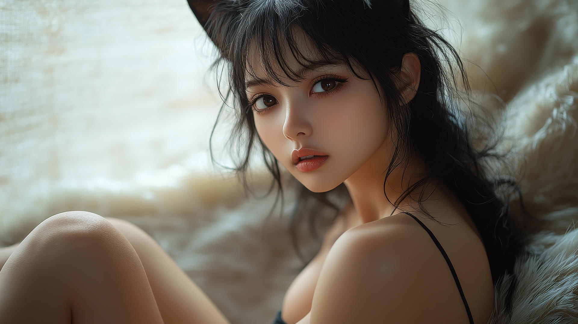 Asian girl with cat ears, crossed legs, and high heels in side view