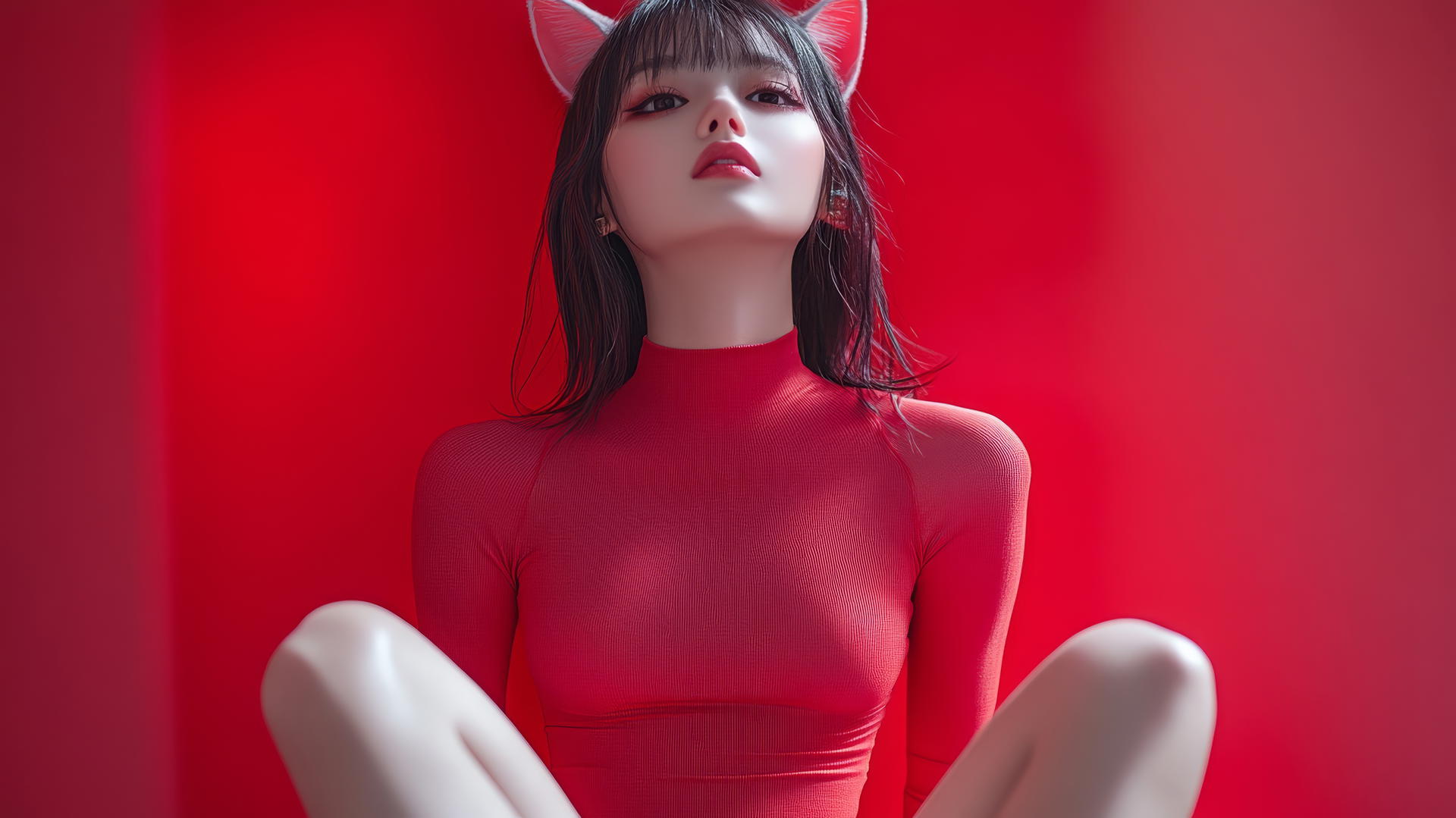 Asian girl with cat ears, side view, sitting cross-legged in high heels.