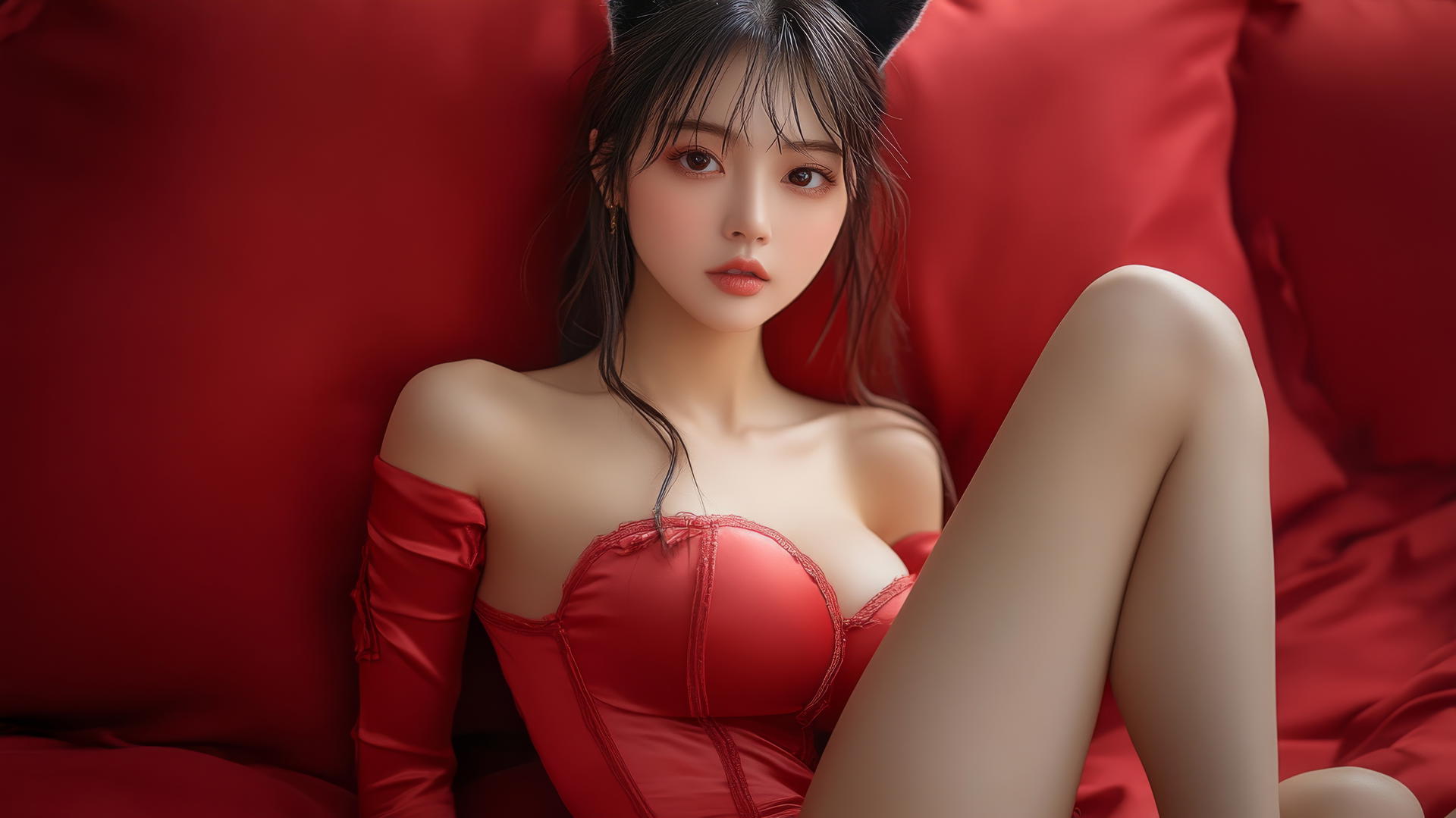 Asian girl with cat ears, crossed legs, side view, wearing high heels
