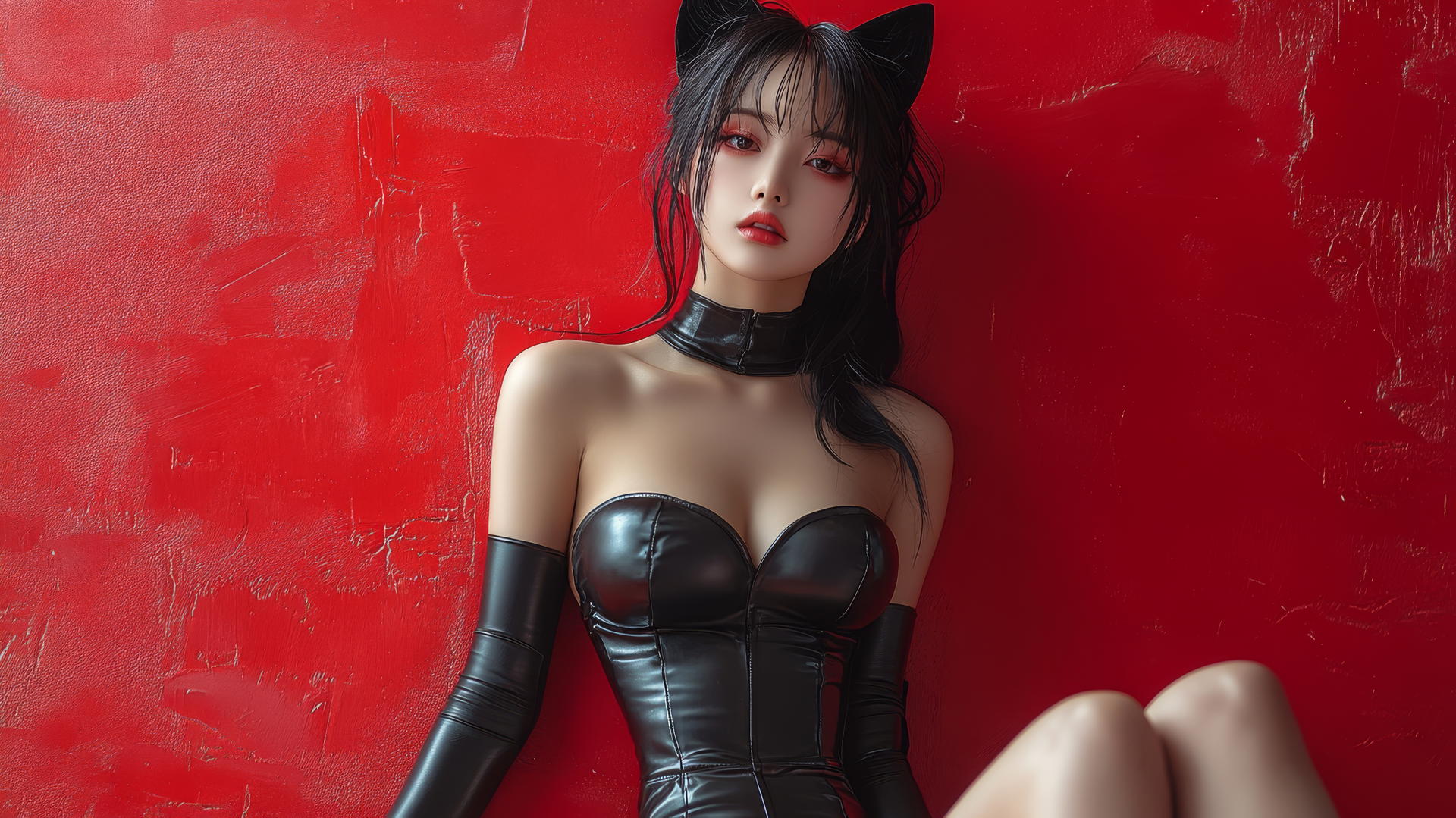 Beautiful Asian girl with cat ears, crossed legs, side view, high heels, long sleeves